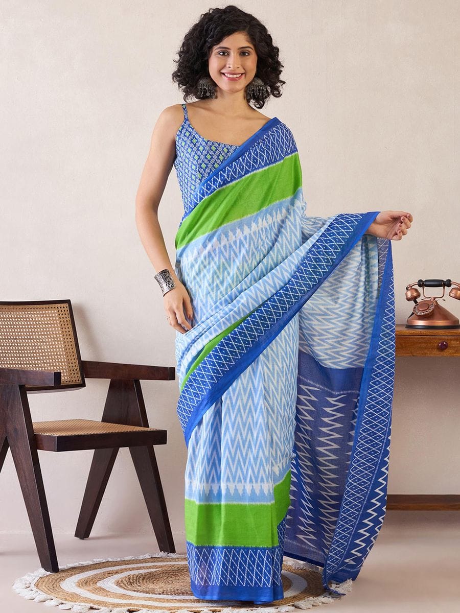 New One Minute Ready To Wear  Pure Soft Mul Cotton Silk zigzag Design Pastel Blue Saree With Pocket Along With Same Model Digital printed Unstiched Blouse Piece