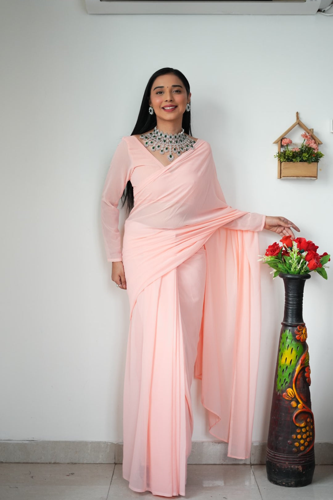 New One Minute Ready Wear Pastel Orange Georgette Saree