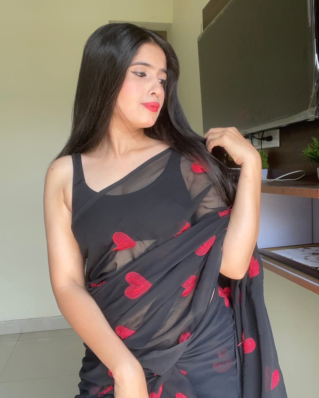 New One Minute Ready To Wear  Pure Soft Georgette Silk Black Saree With Beautiful Red Heart Embroidery Along With Embroidery Unstiched Blouse Piece