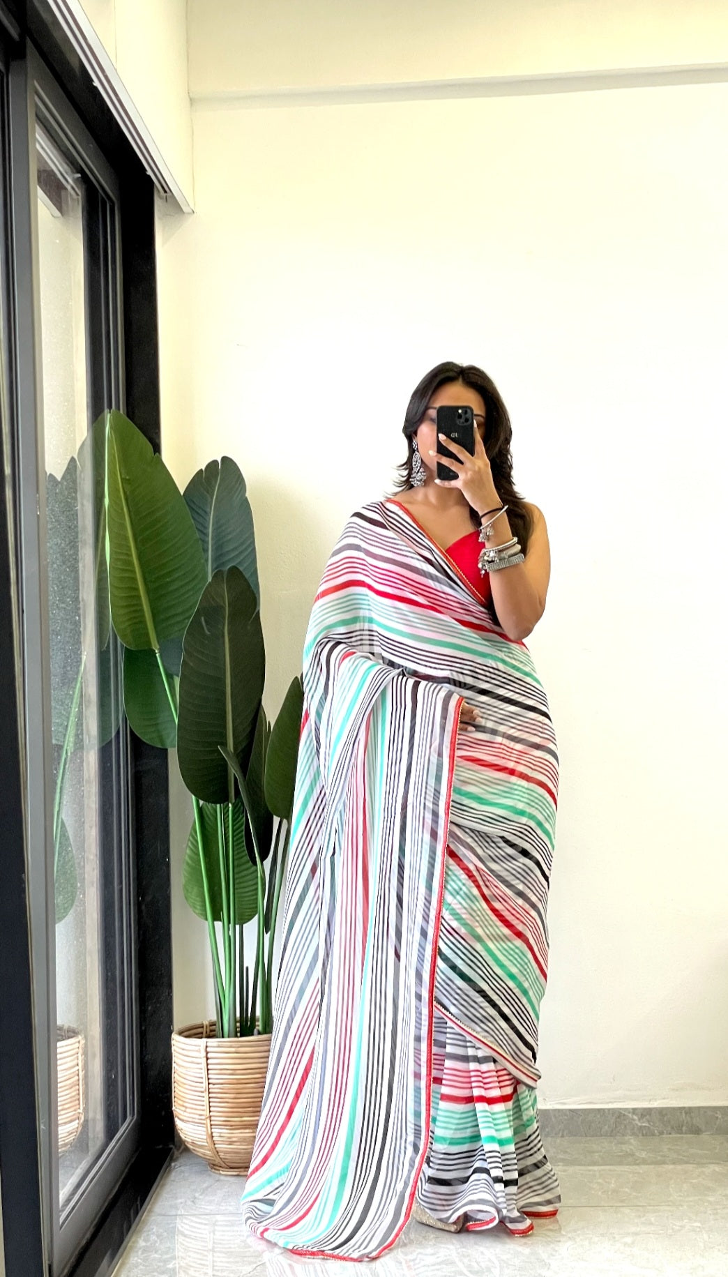 New One Minute Ready Wear Green Multicolor Strip Saree