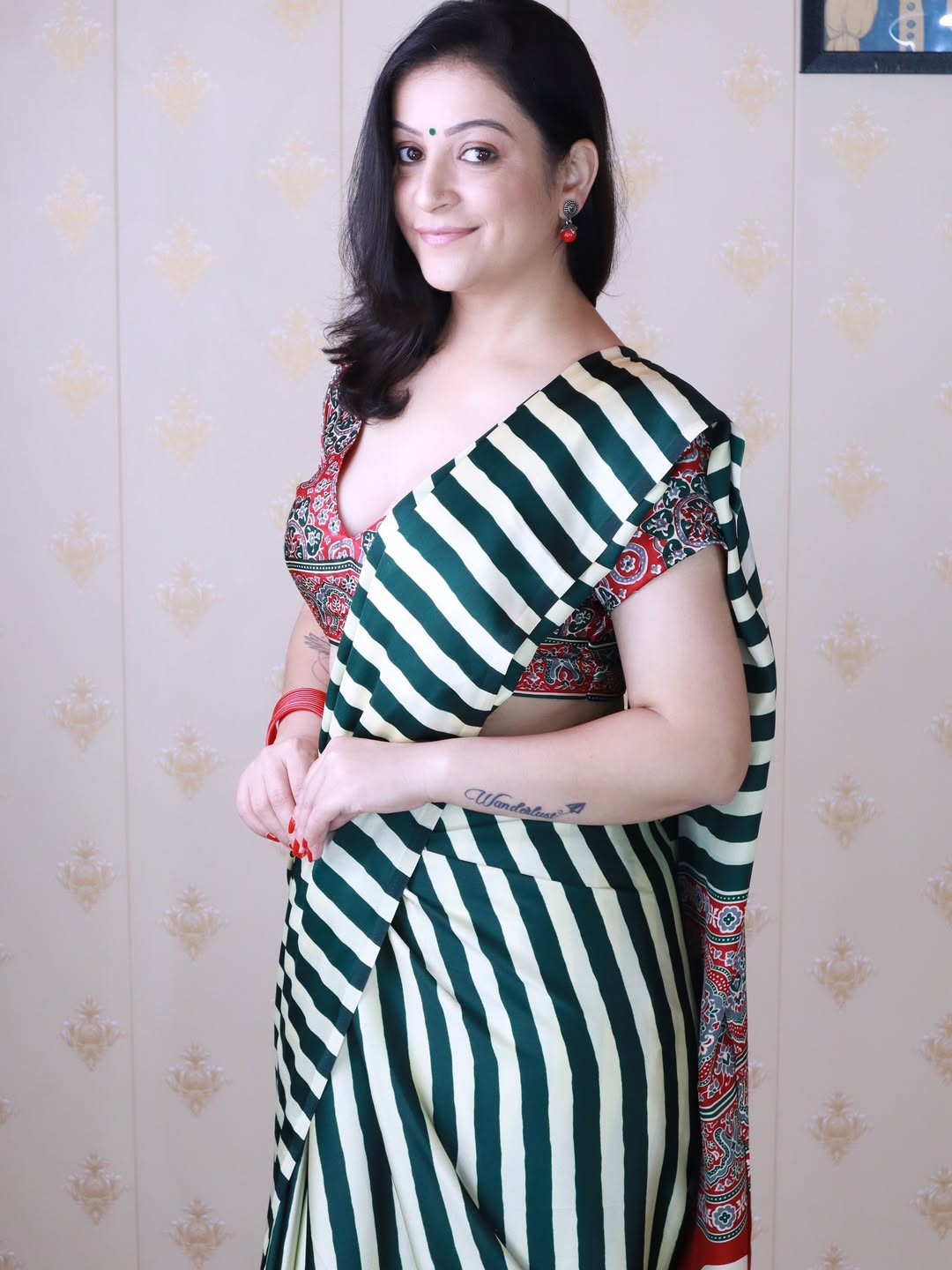 New One Minute Ready To Wear Digital Printed Crape Silk Green-White Saree