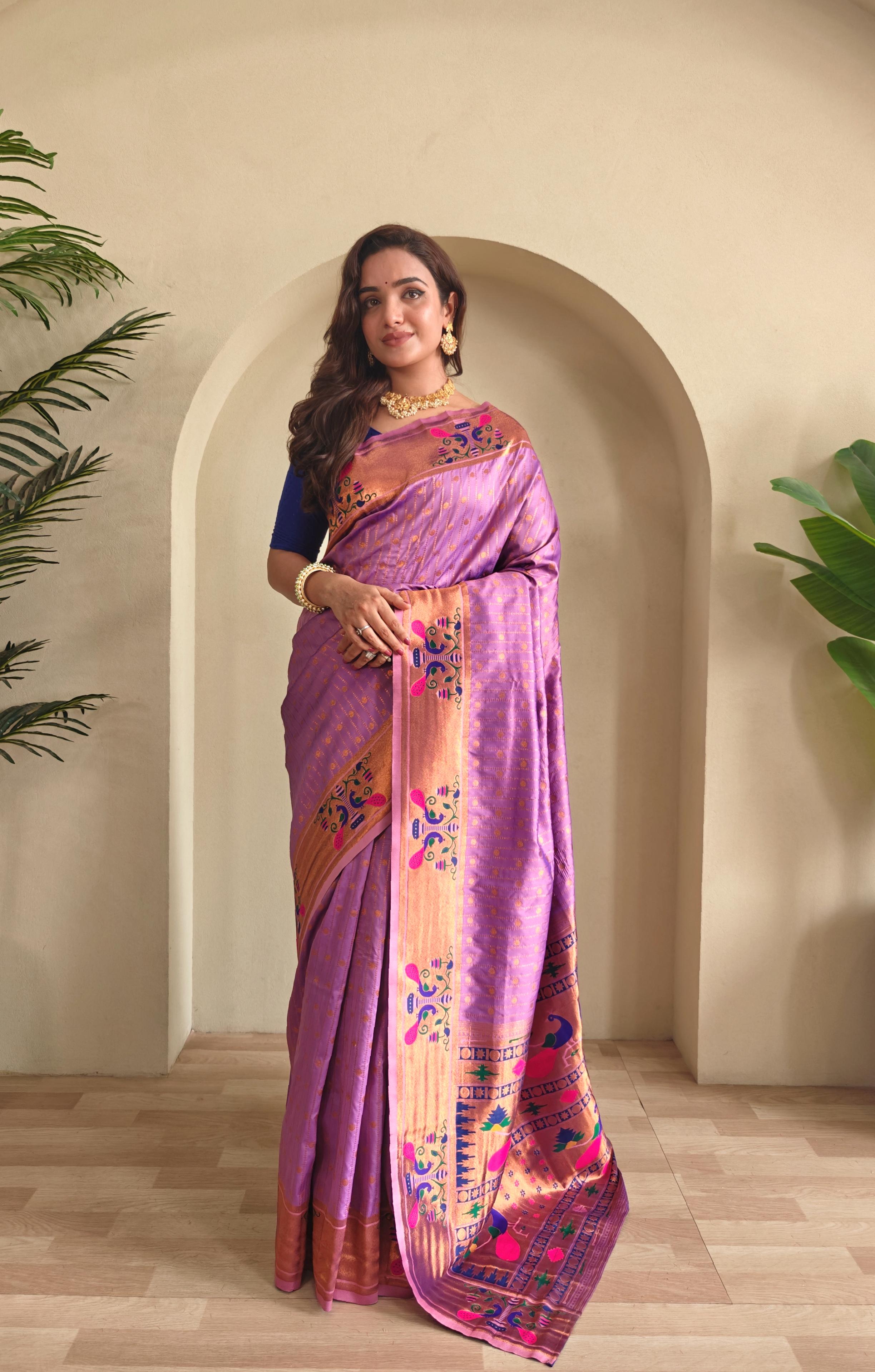 New Designer Premium Paithani Light Purple Saree With Rich Weaved Paithani Pallu Along With All Over Polka Design With Contrast Unstiched Blouse Piece