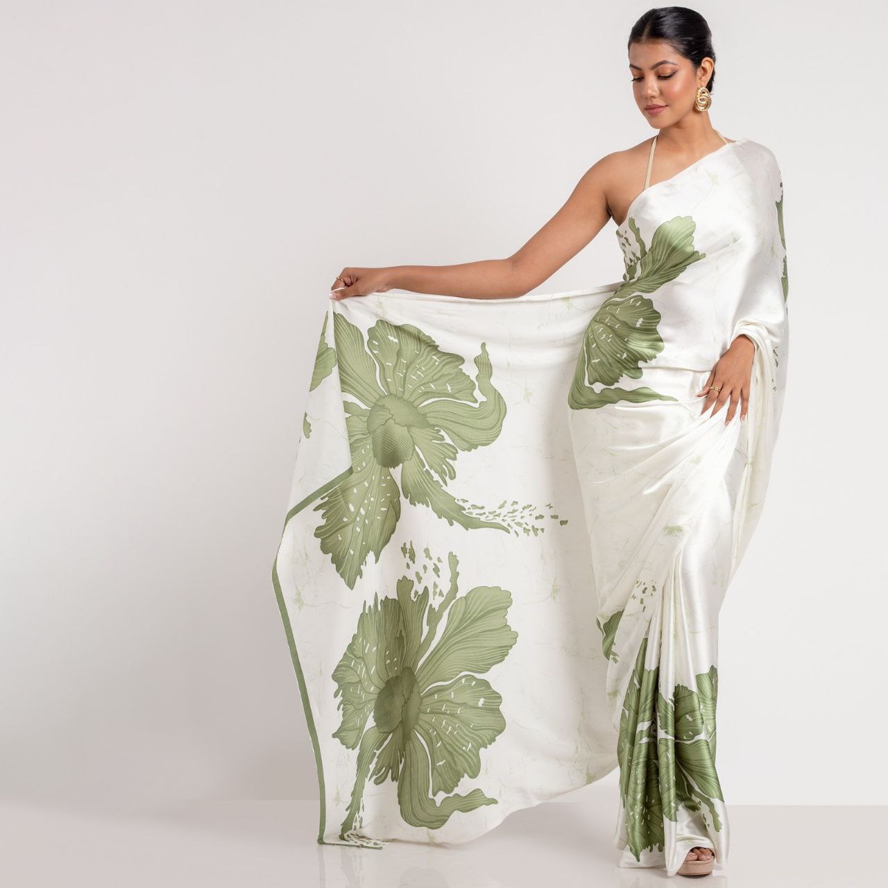 New Designer Original Japan Satin Devsena White Saree With Pastel Green Flower Digital Print