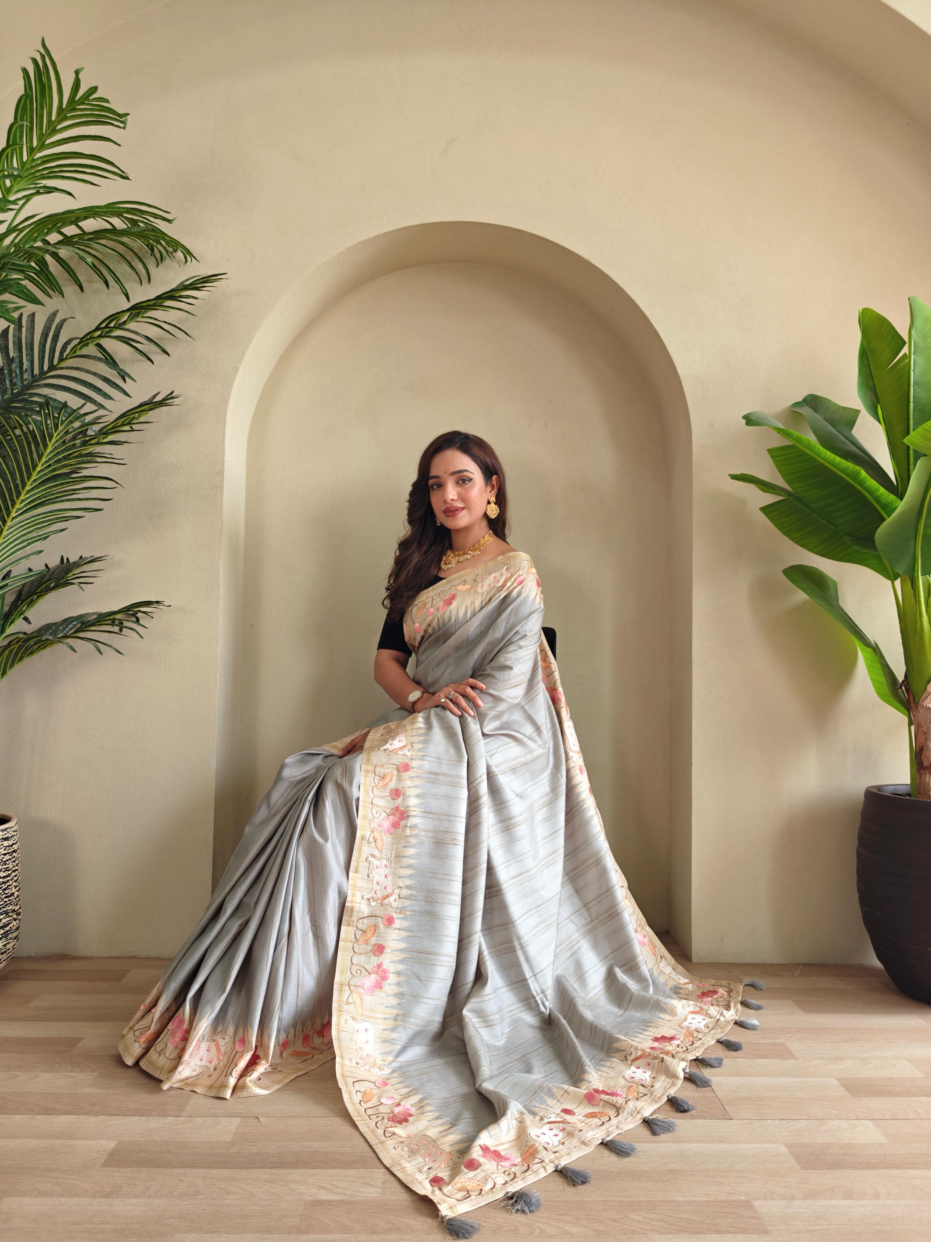 New Designer Premium Pure Loom Tusser Grey Saree With All Over Pichwai Style Embroidery Pattern and Pallu With Tassles Along With Unstiched Blouse Piece
