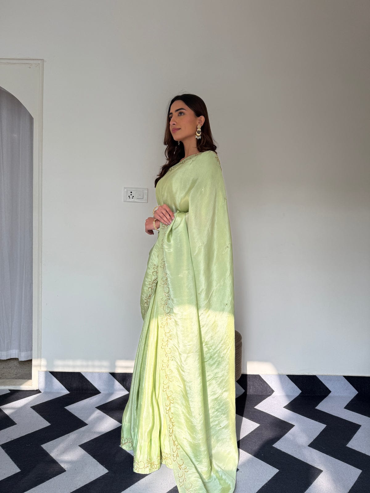 New One Minute Ready To Wear Pure Soft Malai Satin Silk Saree With Beautiful Cutdana Hand work with Same Model Patern Stiched Blouse