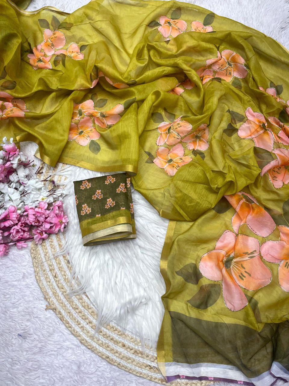 New Designer Digital Printed Chanderi Cotton Saree - Parrot Green