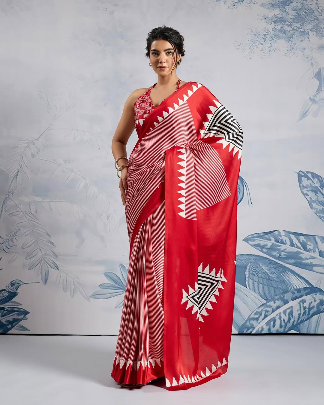 New One Minute Ready To Wear Digital Printed Crape Silk Red Saree
