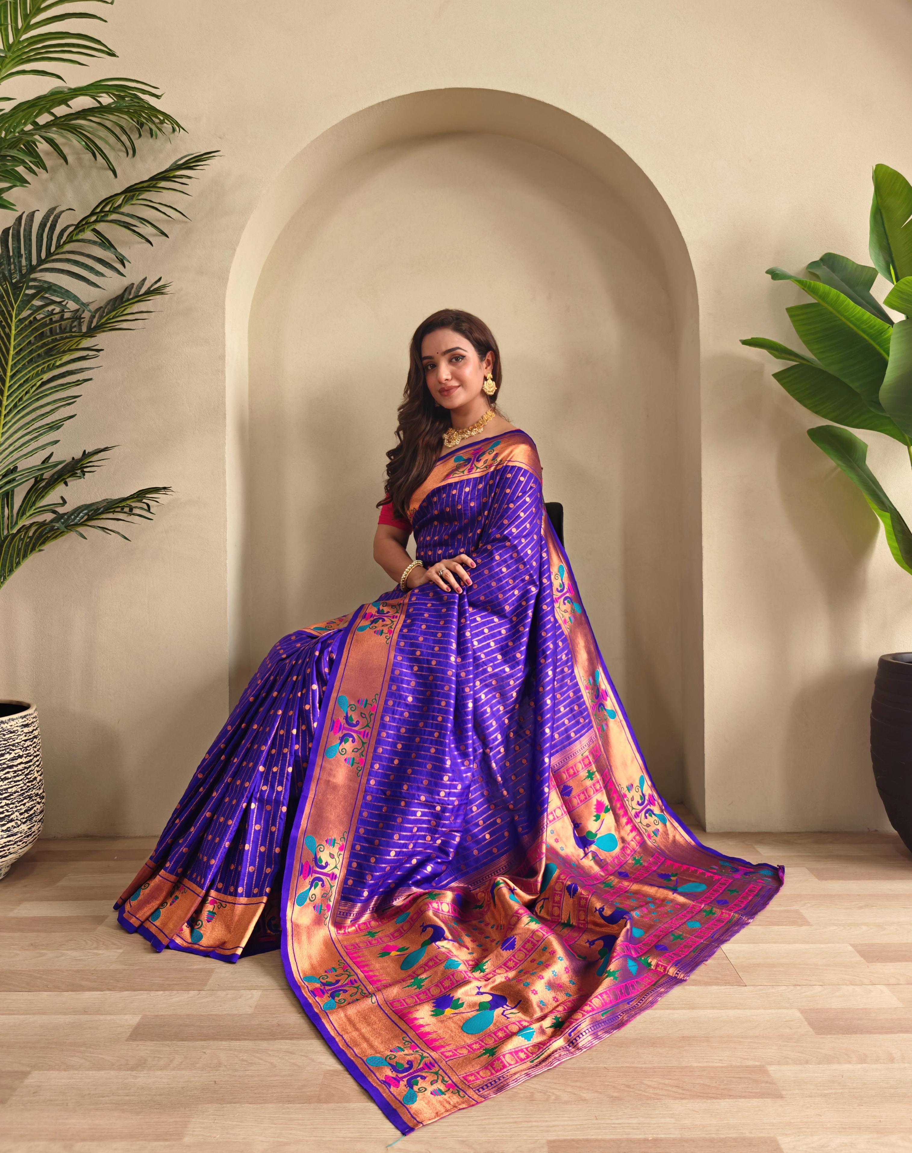 New Designer Premium Paithani Dark Purple Saree With Rich Weaved Paithani Pallu Along With All Over Polka Design With Contrast Unstiched Blouse Piece