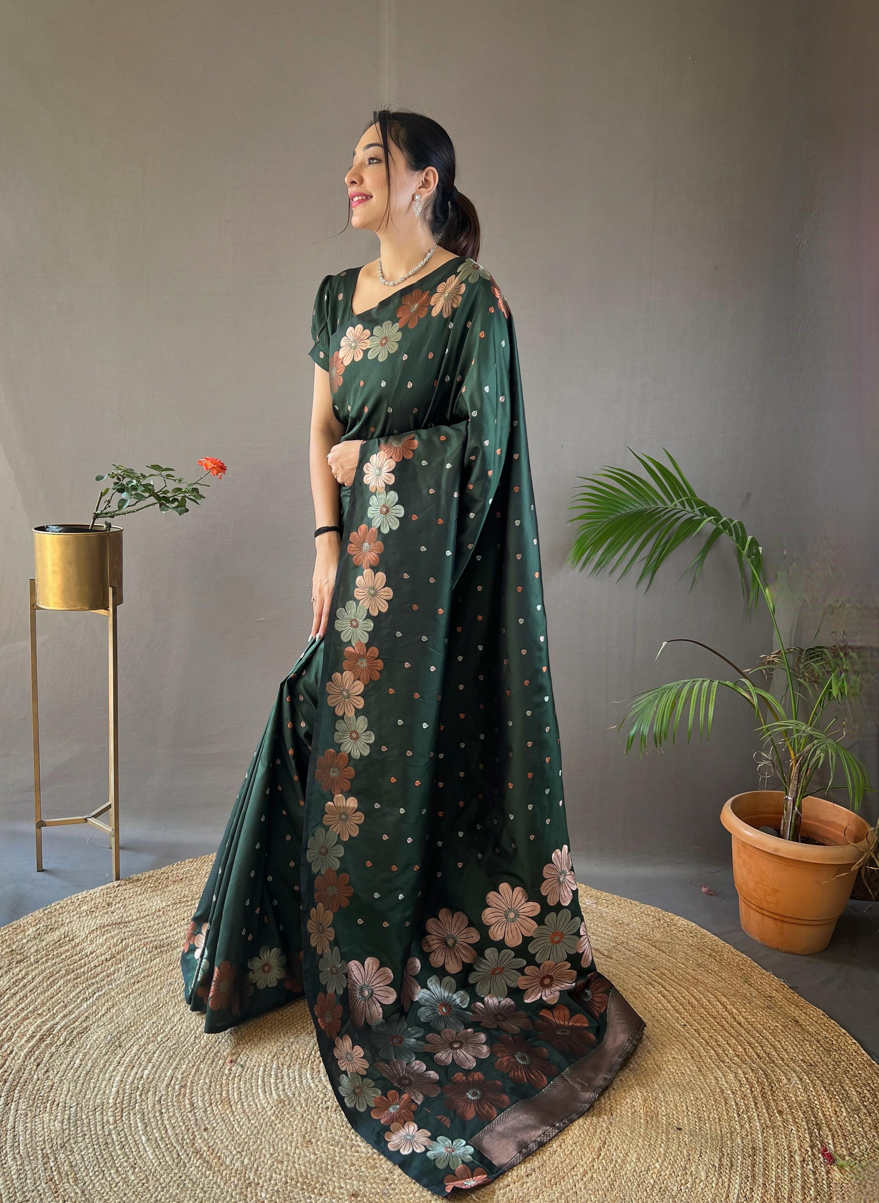 New Designer Pure Soft Silk Dark Green Saree With Copper and Gold Weaving All Over Saree With Running Unstiched Blouse Piece
