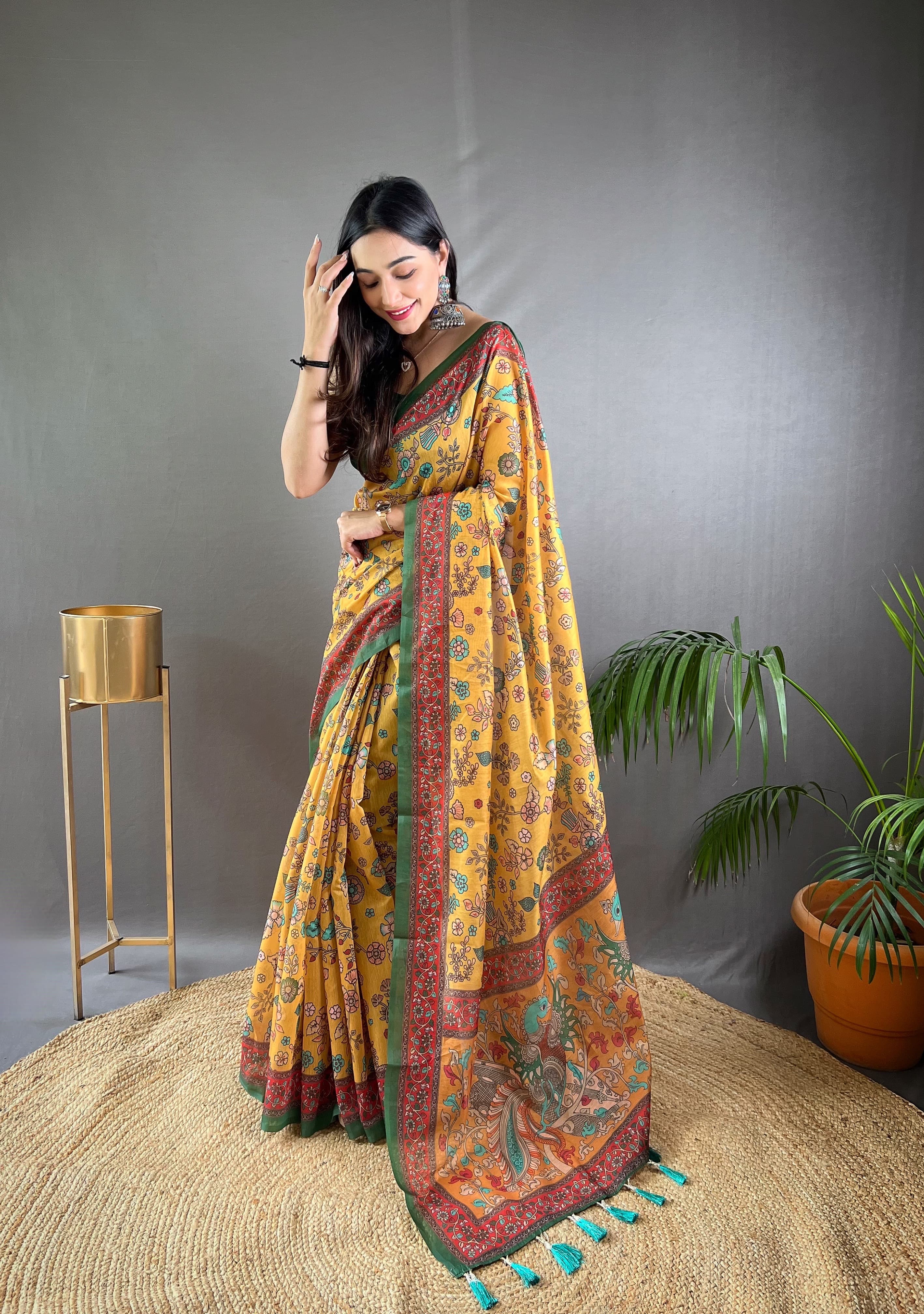 New Designer Pure Malai Cotton Saree With Beautiful Kalamkari Prints Along With Contras Big Pallu With Tussels - Musturd Yellow