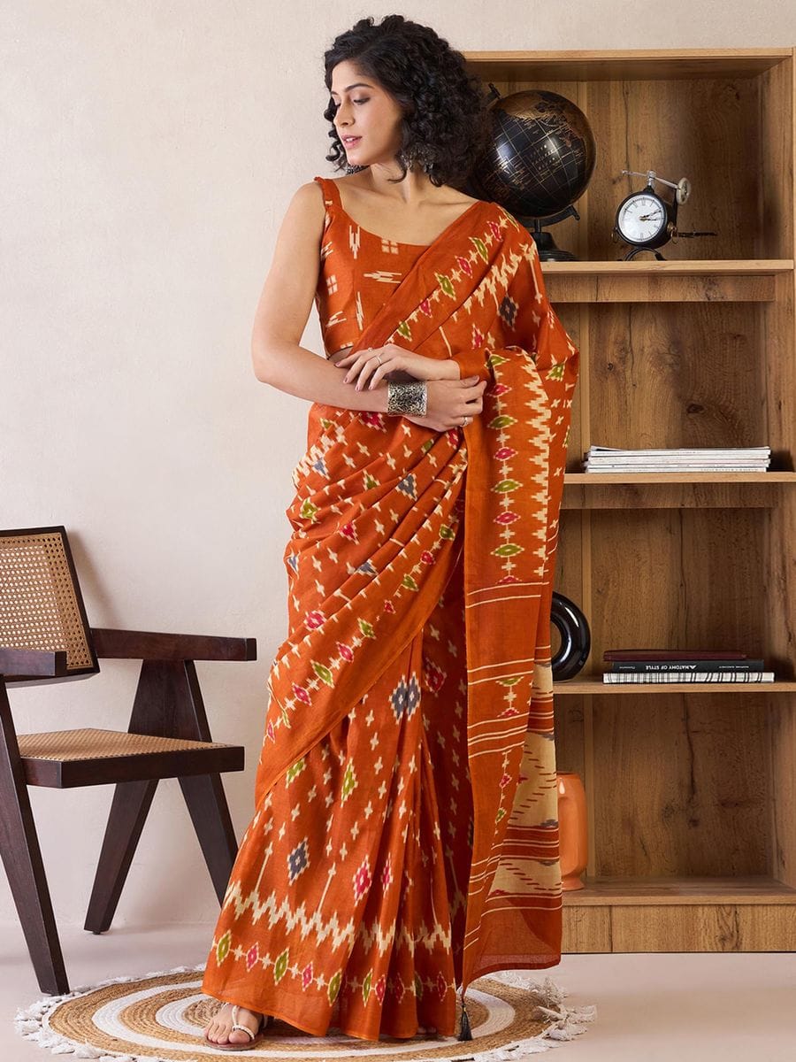 New One Minute Ready To Wear  Pure Soft Mul Cotton Silk Orange Saree With  Pocket Along With Running Unstiched Blouse Piece