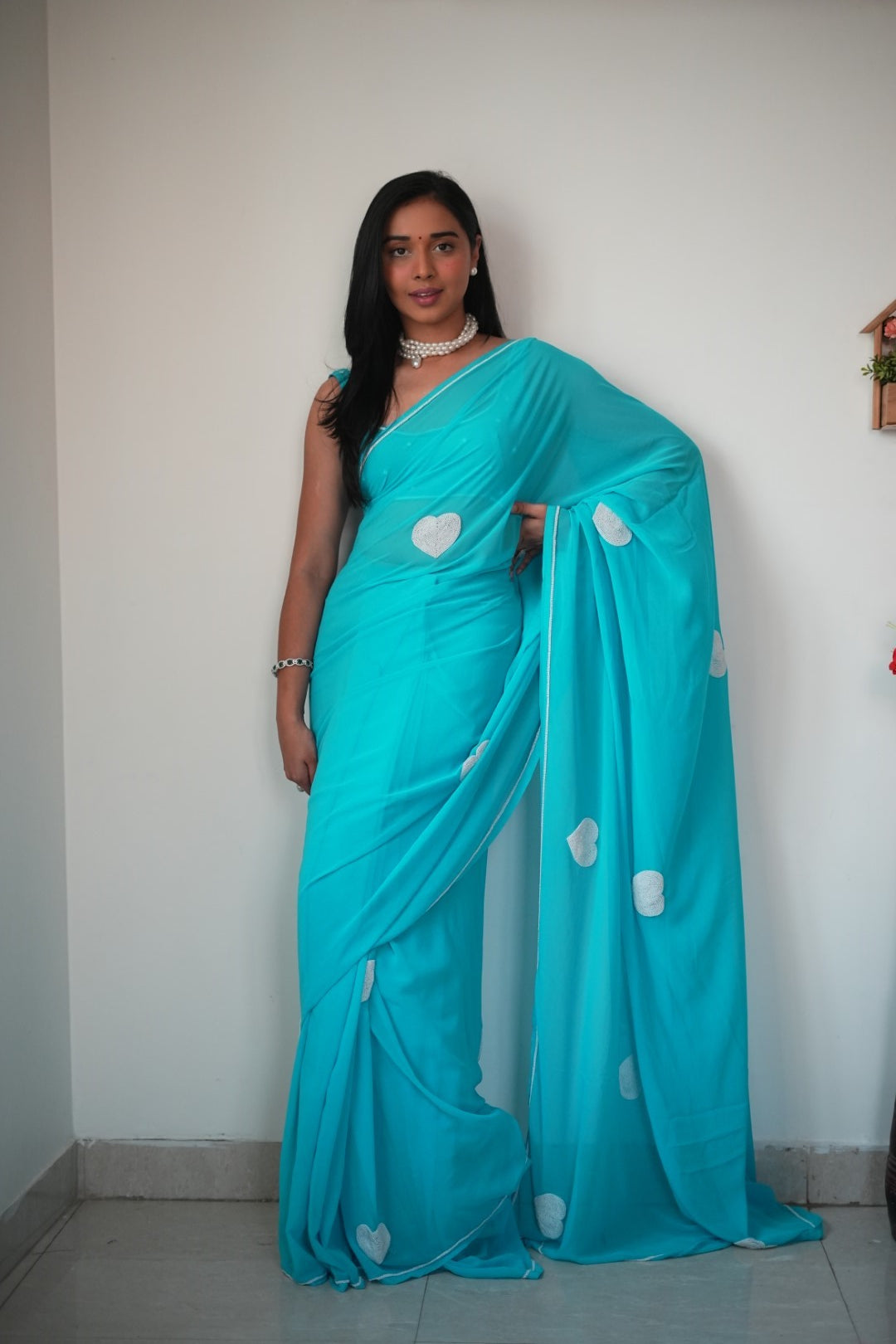 New One Minute Ready To Wear White Heart Embroideried Pure Soft Georgette Silk Ocean blue Saree