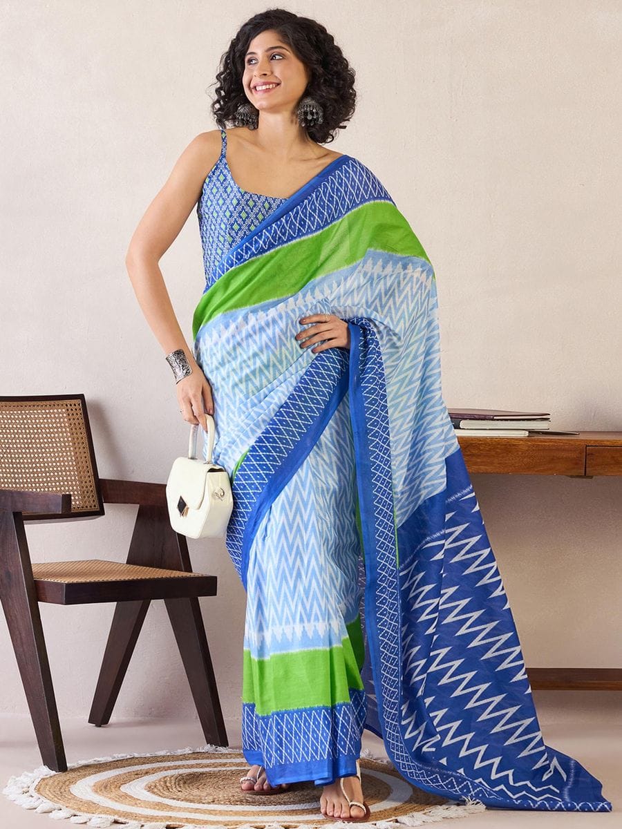 New One Minute Ready To Wear  Pure Soft Mul Cotton Silk zigzag Design Pastel Blue Saree With Pocket Along With Same Model Digital printed Unstiched Blouse Piece