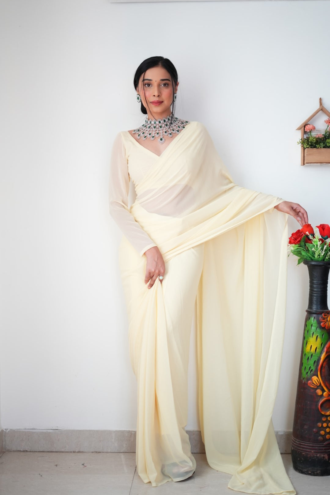 New One Minute Ready Wear Pastel Yellow Georgette Saree