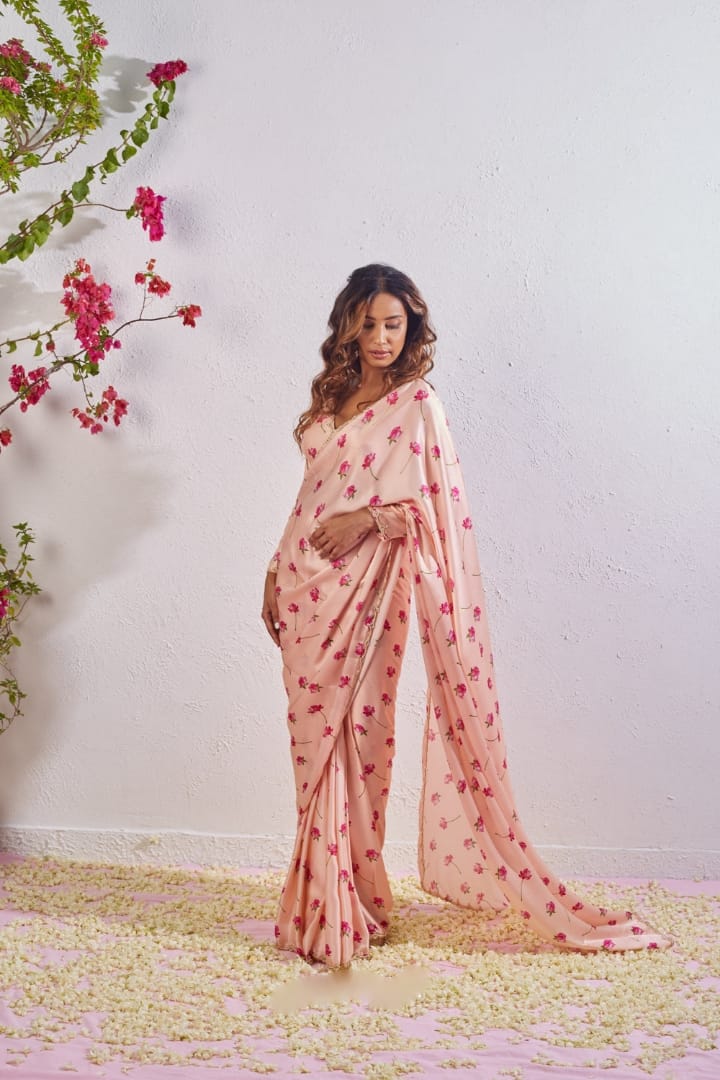 New One Minute Ready To Wear  Pure Soft Satin Silk Beautiful Flower Digital Printed Saree With Cutdana And Moti Handwork With Same Model long Sleeve Stiched Blouse
