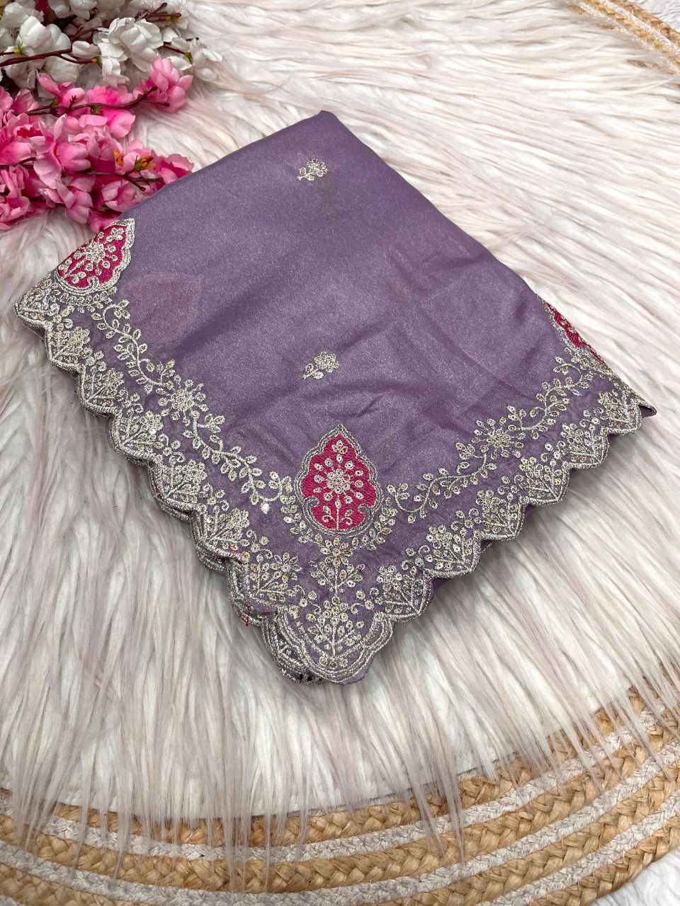 New Designer Blooming Chocolate Silk Saree With Multi Embroidery work - Purple