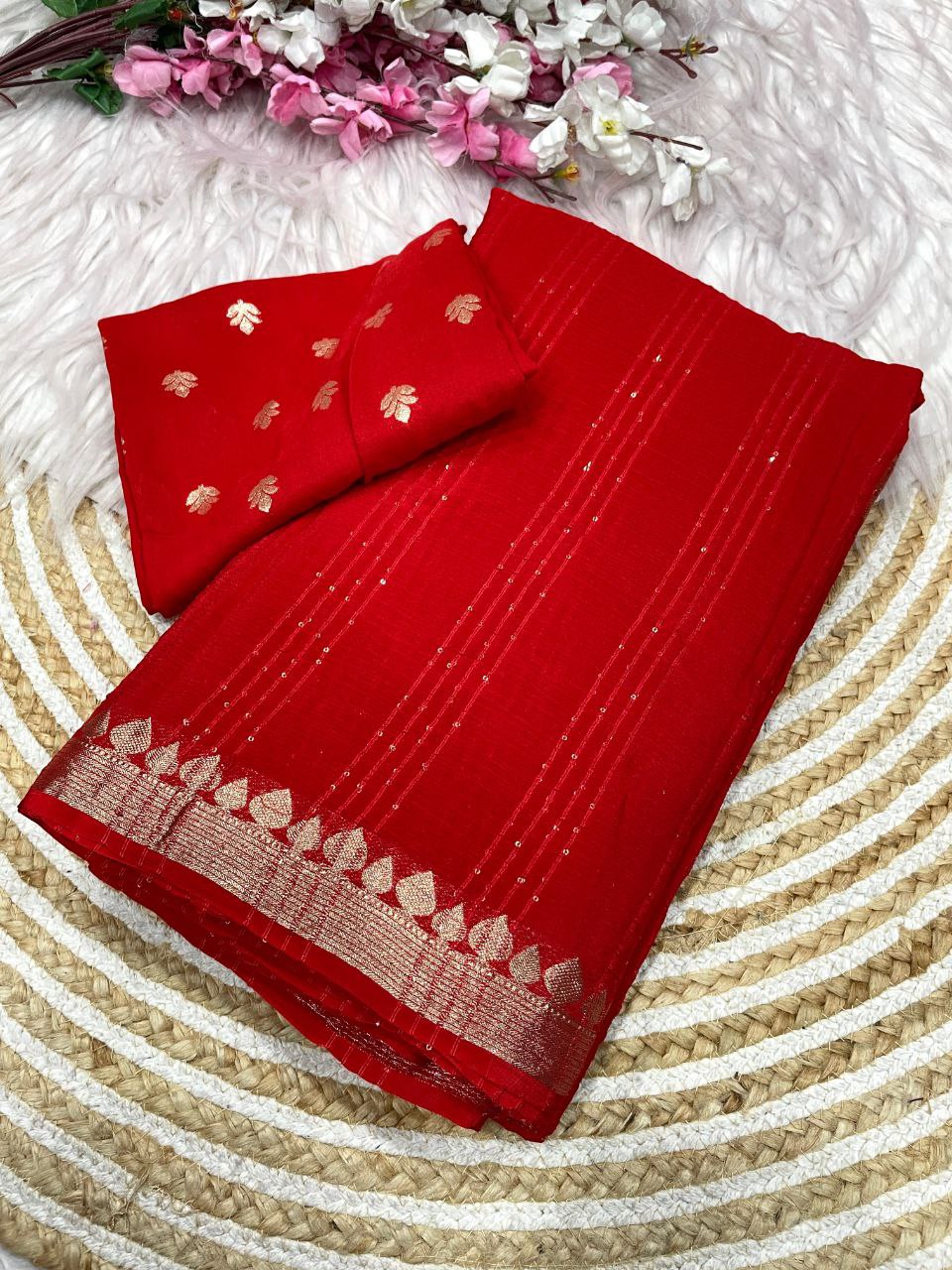 New Designer Pure Chinnon Chiffon Silk Saree - Red