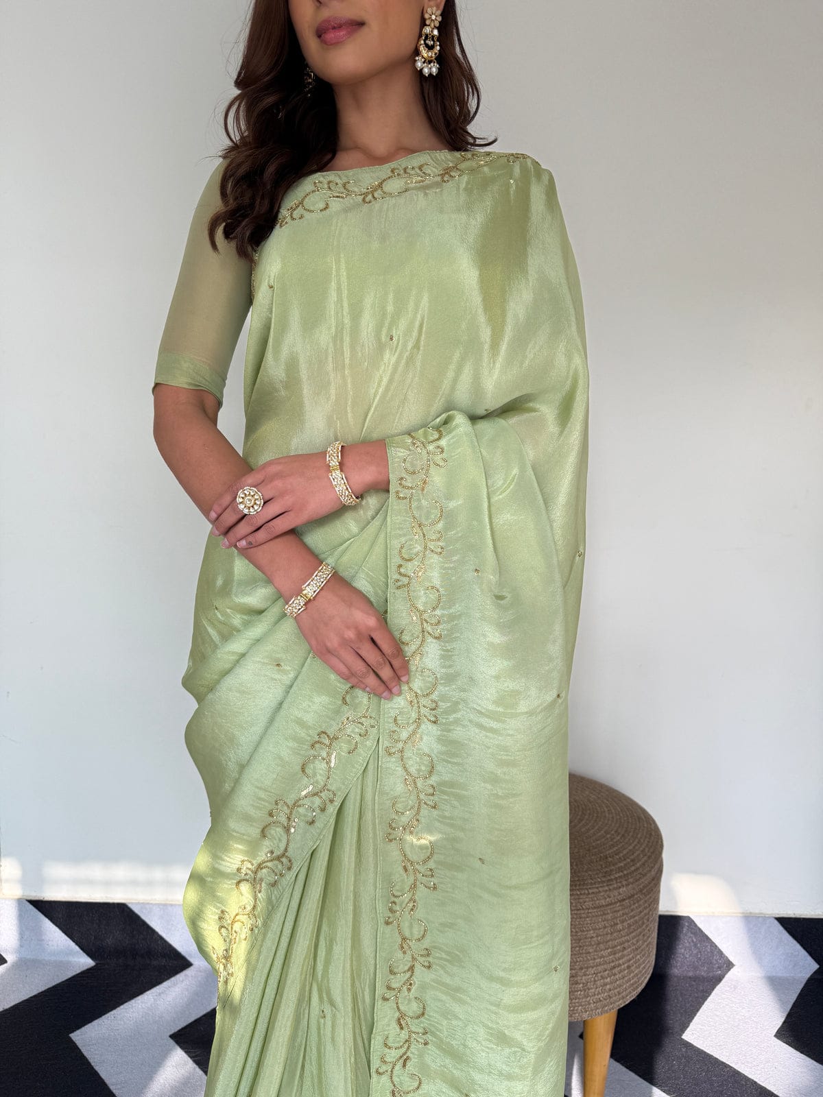 New One Minute Ready To Wear Pure Soft Malai Satin Silk Saree With Beautiful Cutdana Hand work with Same Model Patern Stiched Blouse