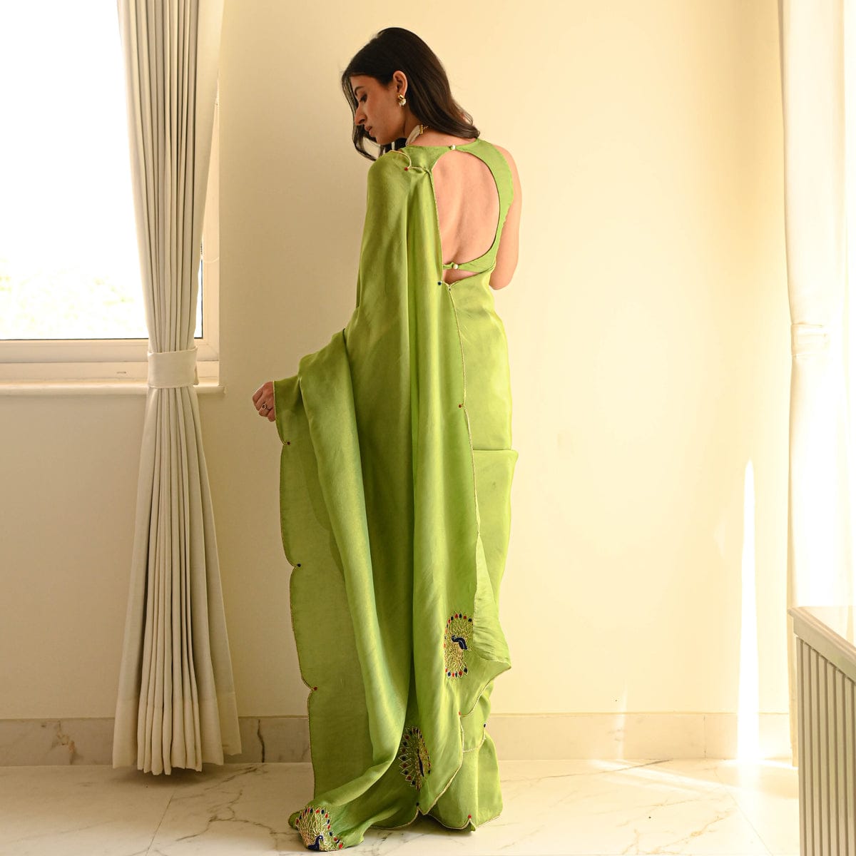 New One Minute Ready To Wear Pure Soft Malai Satin Silk Saree With Beautiful Hand worked Peacock Blooming with Same Model Patern Stiched Blouse