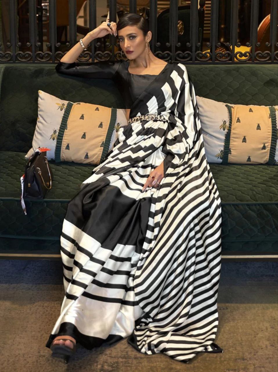 New Designer Party Wear Zebra Digital Printed Original Japan Satin Saree