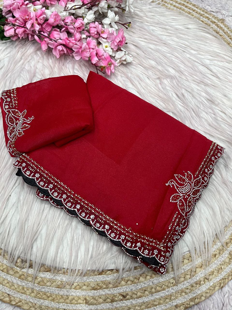 New Designer Blooming Georgette Red Saree With Jarkhan Work