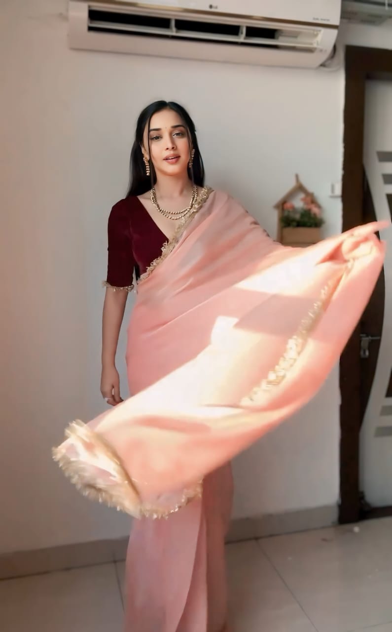 New One Minute Ready Wear Peach Organza Saree