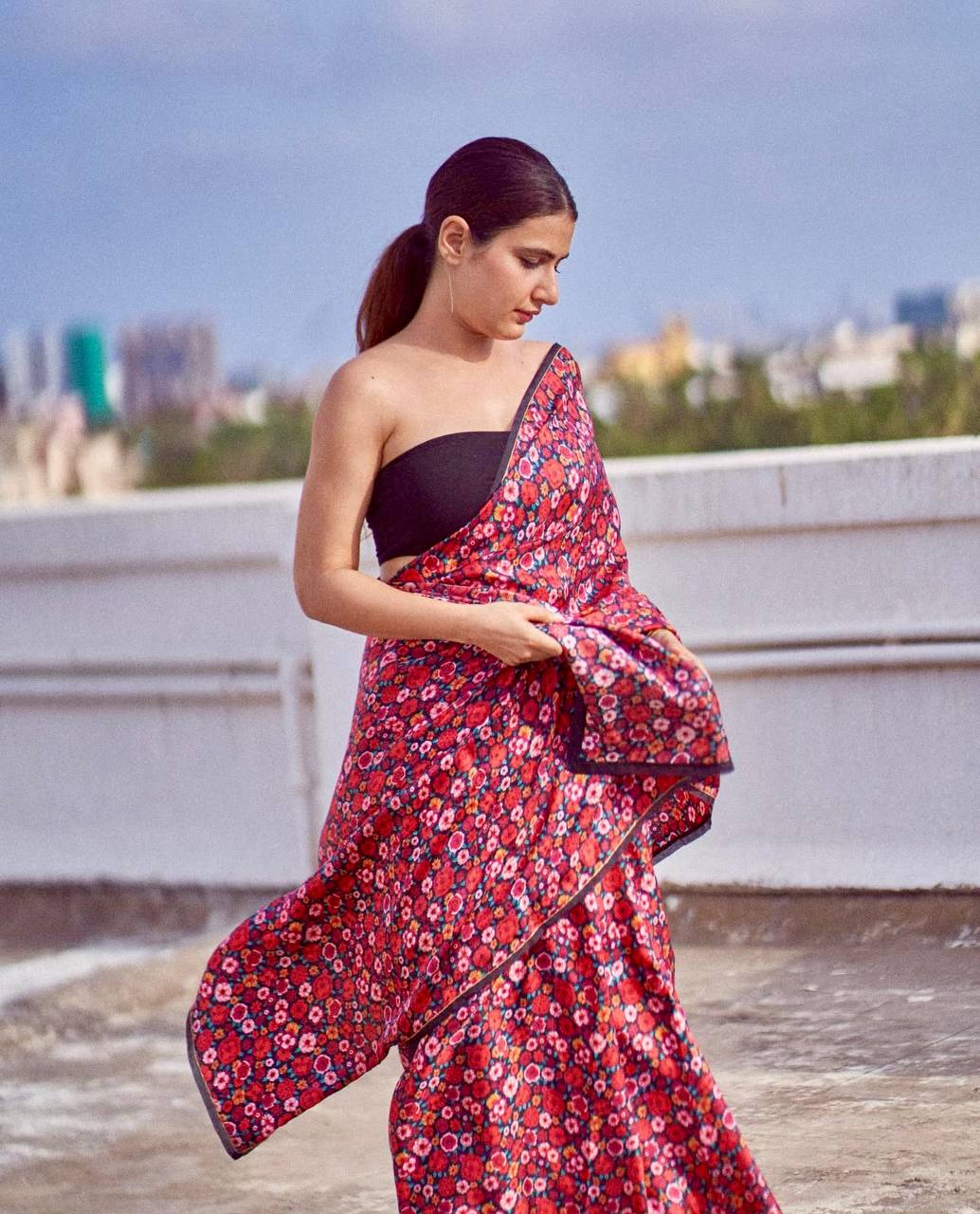 New Designer Original Japan Satin Flower Printed Saree