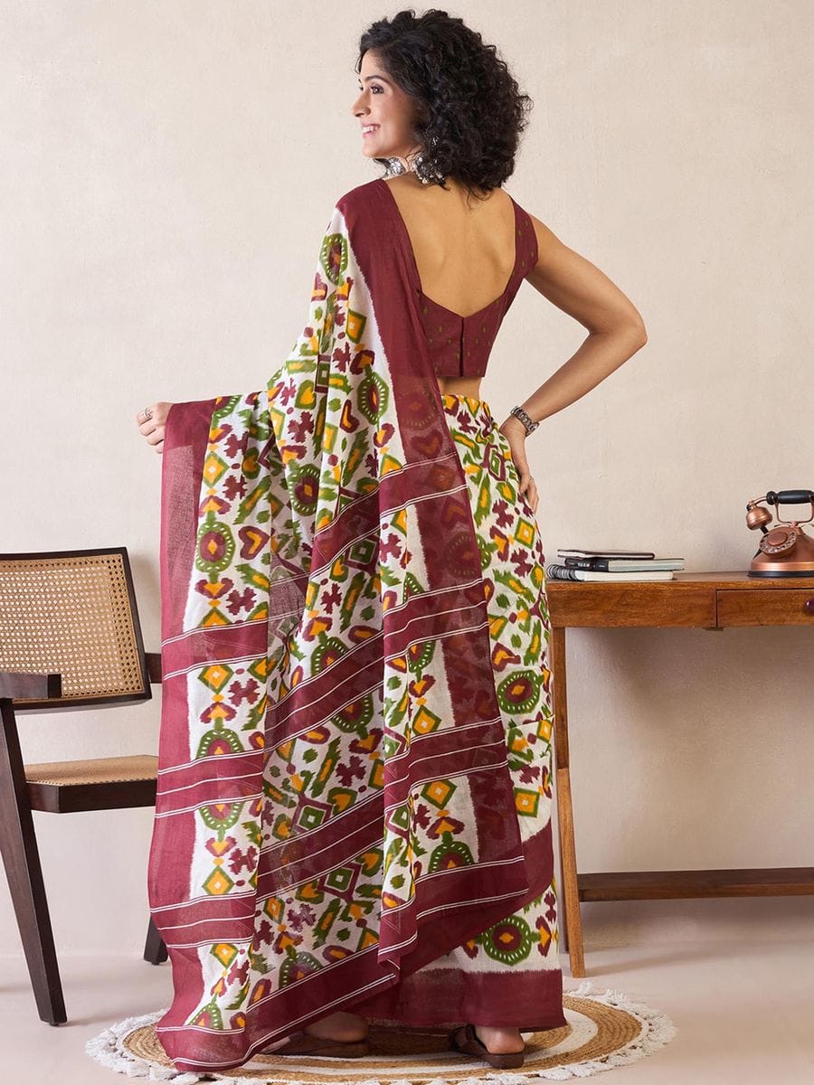 New One Minute Ready To Wear Flower Designed Pure Soft Mul Cotton Silk Maroon Bordered White Saree With  Pocket Along With Running Unstiched Blouse Piece