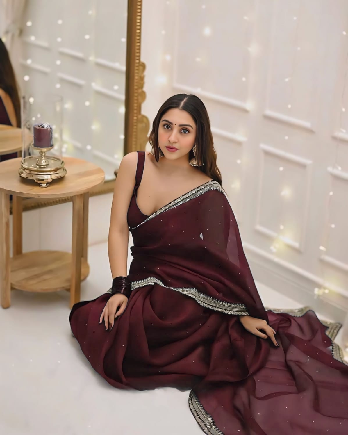 New One Minute Ready To Wear Pure Soft Organza Silk Dark Maroon Saree With Beautiful Diamond Work All Over The Saree Handwork With Same Colour Stiched Blouse