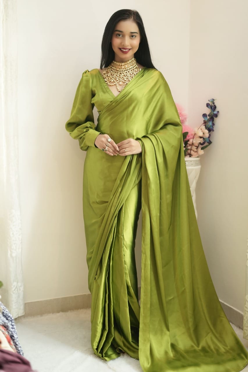 New One Minute Ready Wear Parrot Green Satin Saree