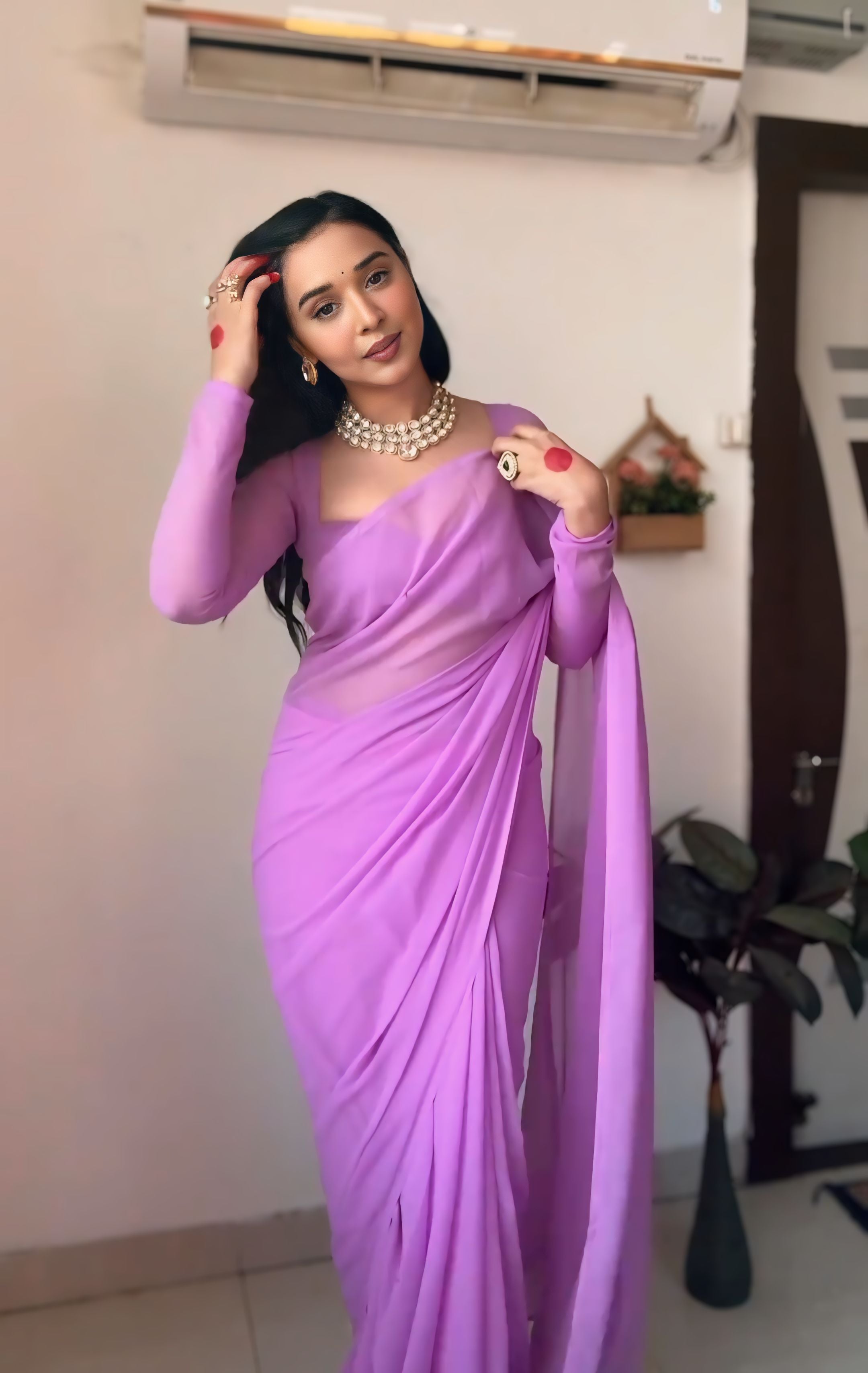 New One Minute Ready Wear Plain Lavender Georgette Saree