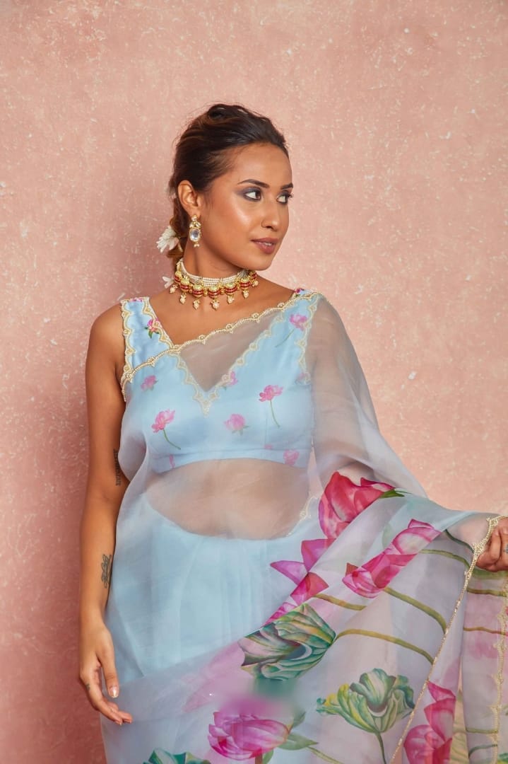 New One Minute Ready To Wear Soft Organza Silk Pastel Blue Saree with Beautiful Hand Worked Moti  And Val Work With Same Handworked Stiched Blouse