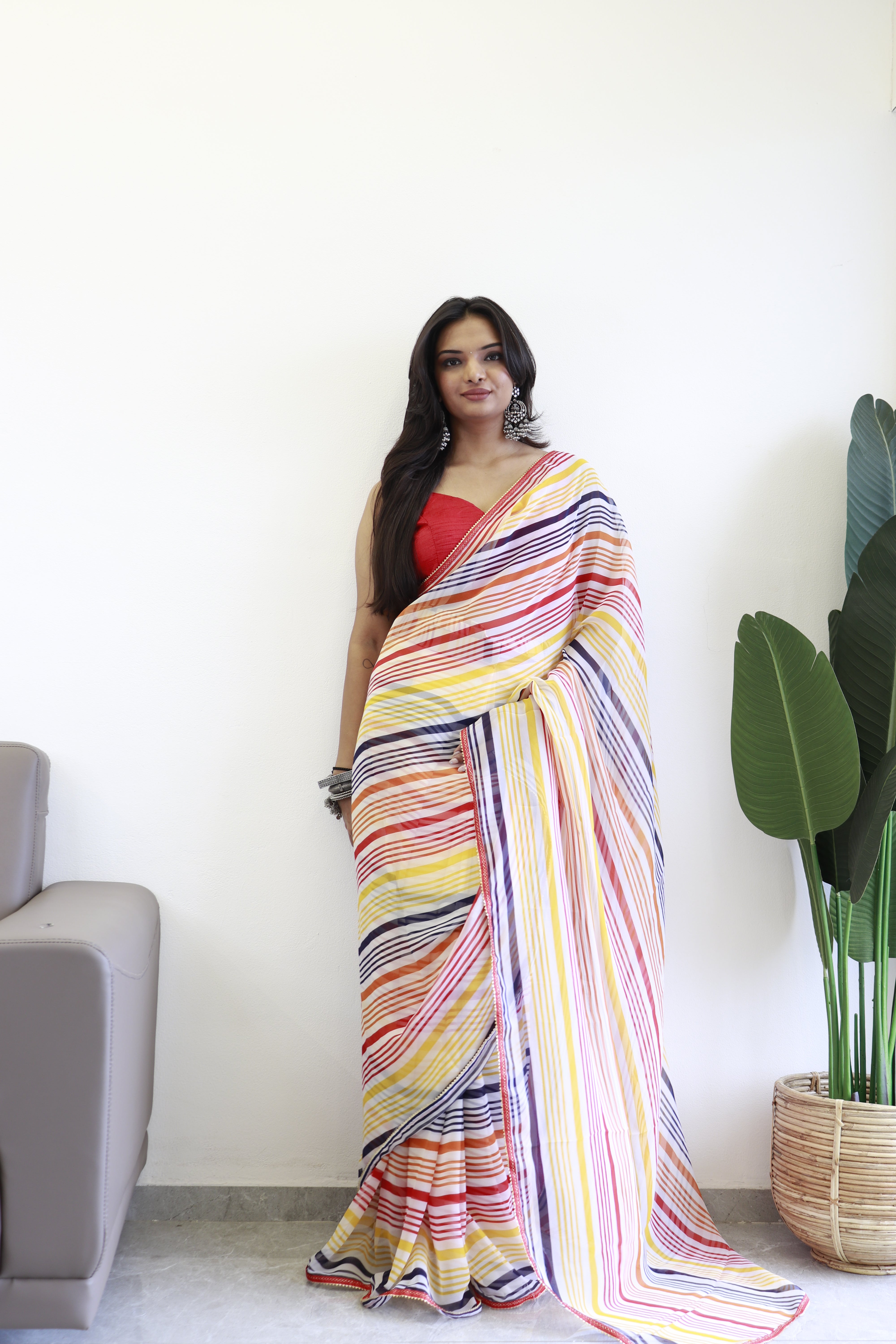 New One Minute Ready Wear Yellow Multicolor Strip Saree