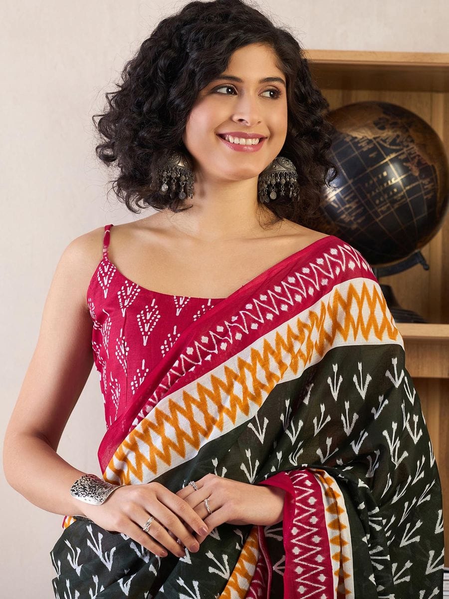 New One Minute Ready To Wear Flower Designed Pure Soft Mul Cotton Silk Black - Red Saree With  Pocket Along With Running Unstiched Blouse Piece