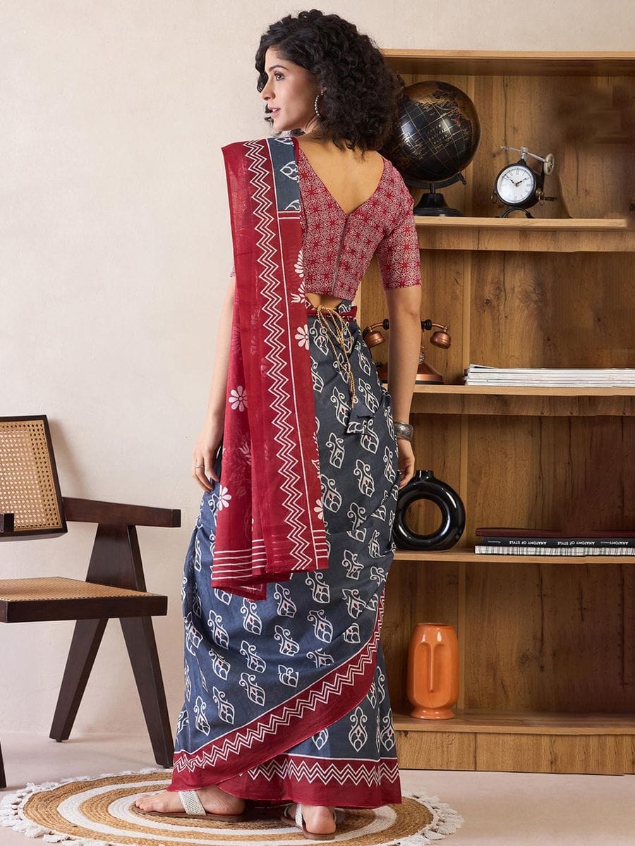New One Minute Ready To Wear  Pure Soft Mul Cotton Silk Dark Grey Saree With  Pocket Along With Running Unstiched Blouse Piece