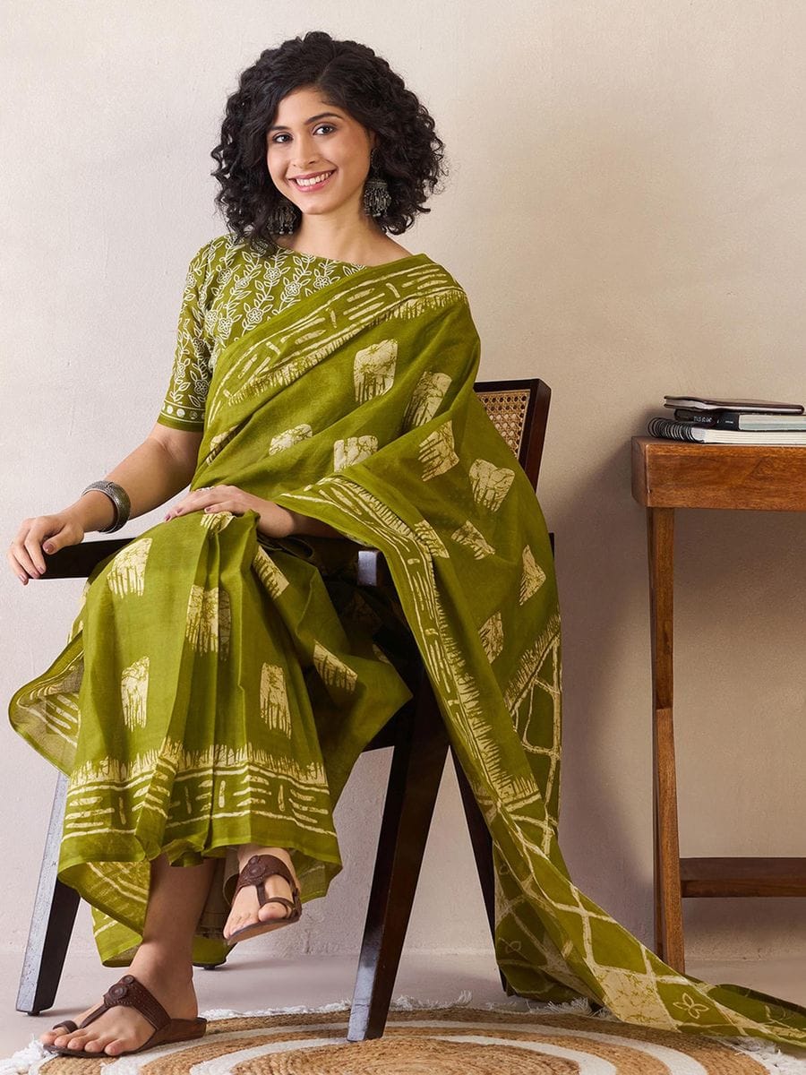 New One Minute Ready To Wear  Pure Soft Mul Cotton Silk Parrot Green Saree With  Pocket Along With Running Unstiched Blouse Piece