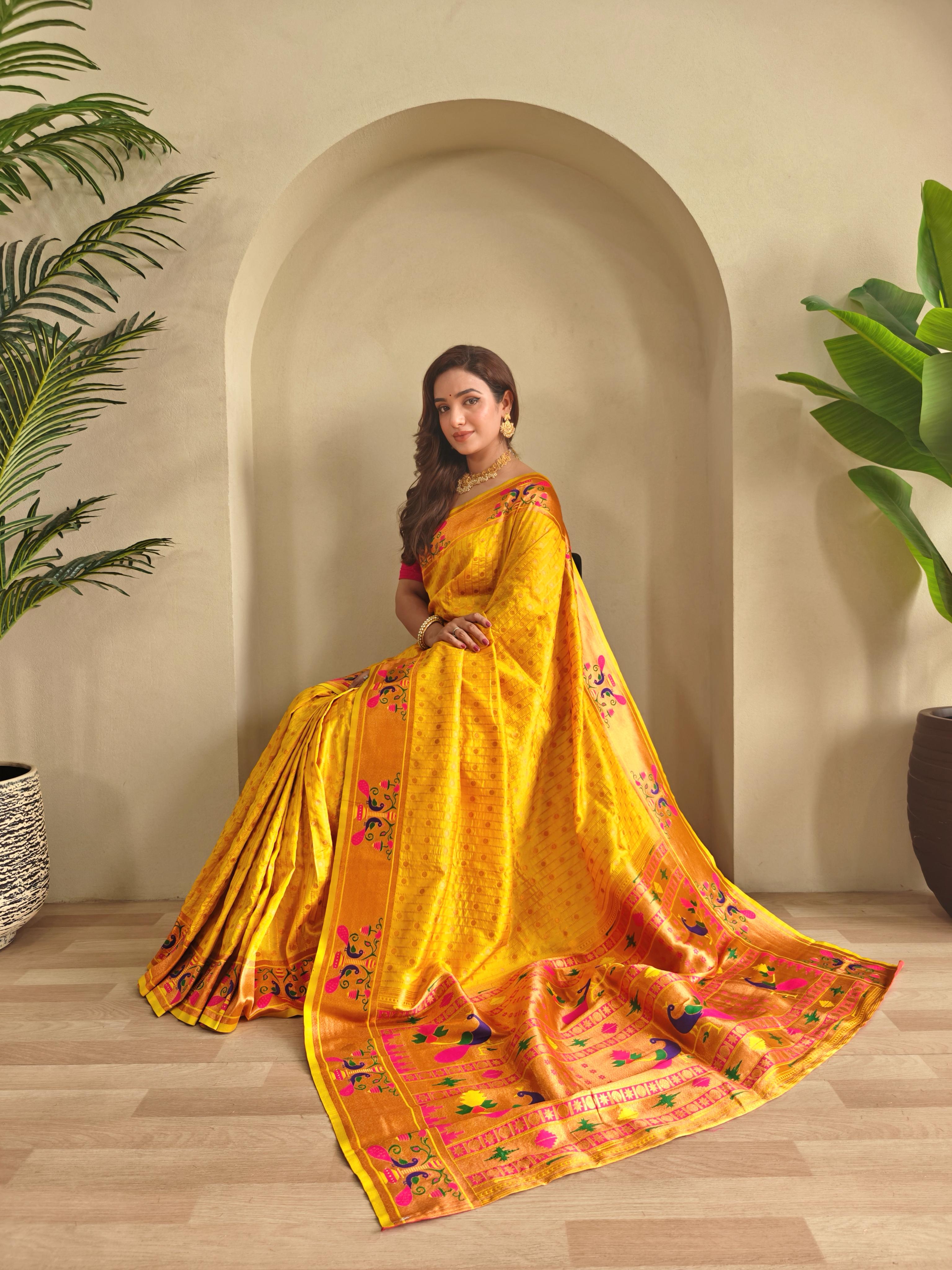New Designer Premium Paithani Yellow Saree With Rich Weaved Paithani Pallu Along With All Over Polka Design With Contrast Unstiched Blouse Piece
