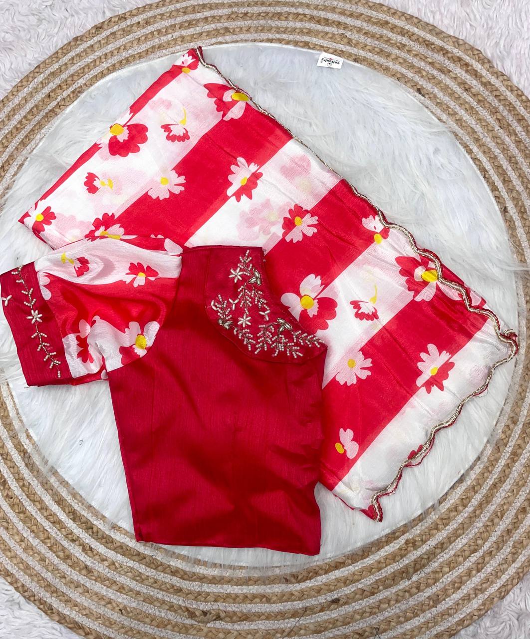 New Designer Digital Printed Chinnon Saree - Red