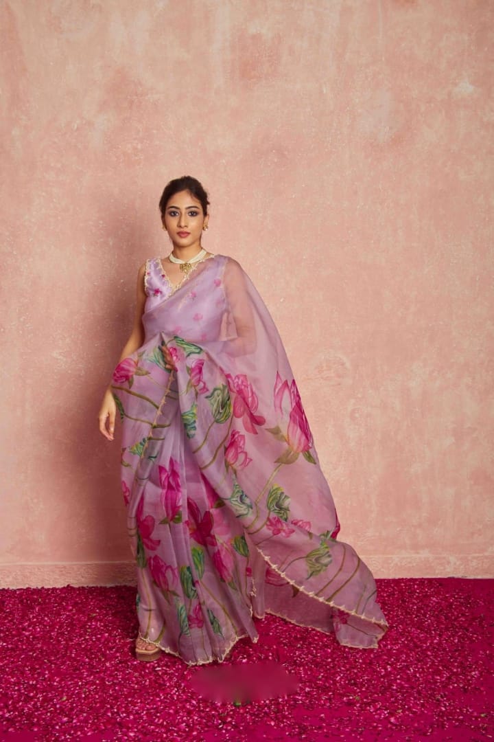 New One Minute Ready To Wear Soft Organza Silk Lavender Saree with Beautiful Hand Worked Moti  And Val Work With Same Handworked Stiched Blouse