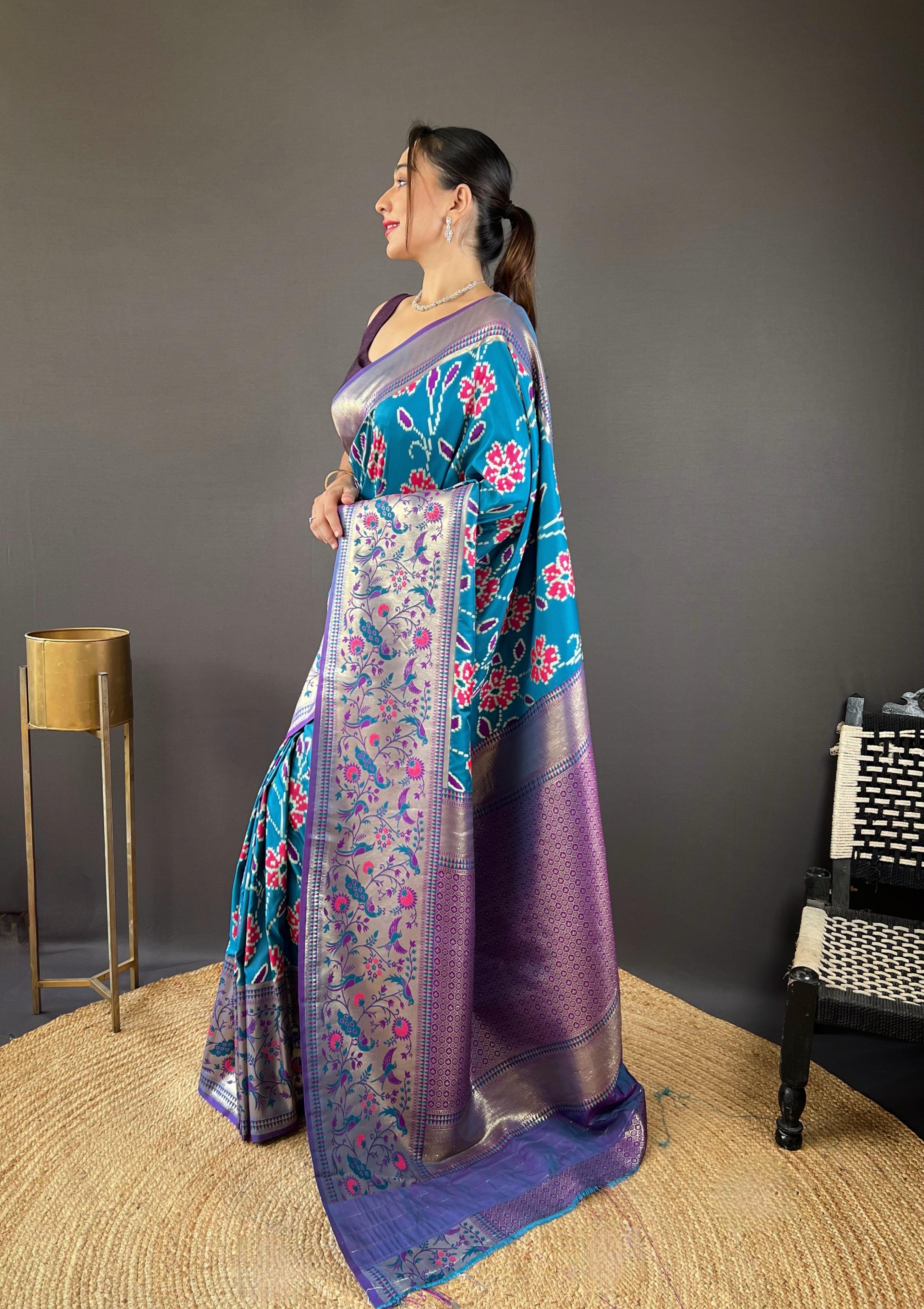 New Designer Premium Soft Silk Patola Weaved Blue Saree With Unstiched Blouse Piece