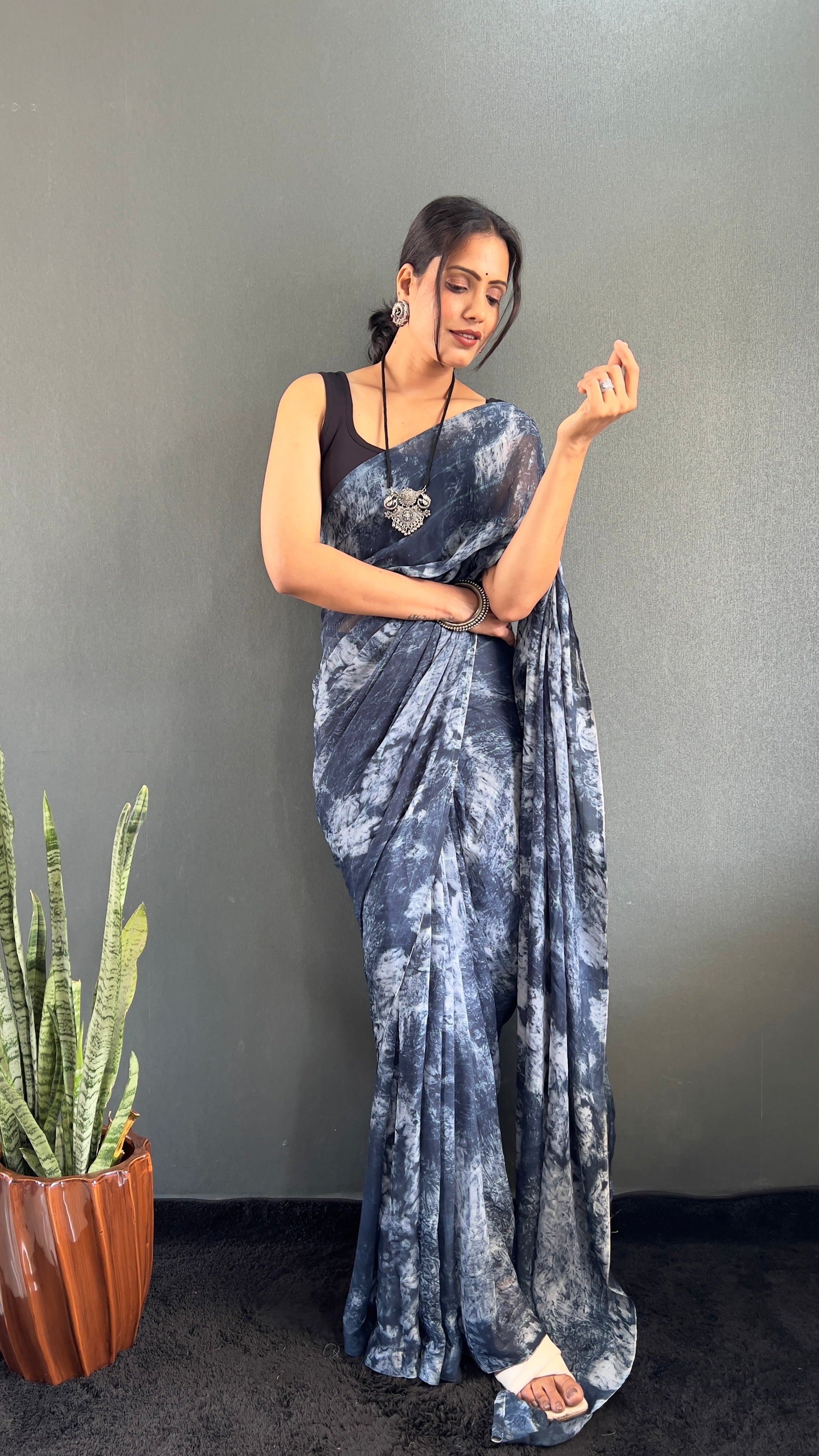 Adita One Minute Ready To Wear Navy Blue Saree With Unstiched Blouse