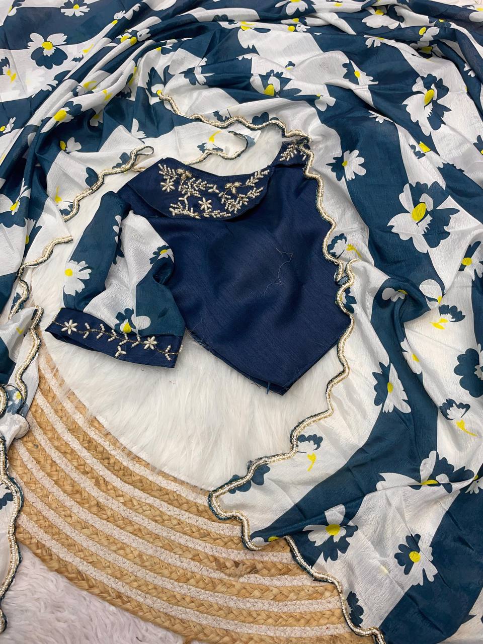 New Designer Digital Printed Chinnon Saree - Blue