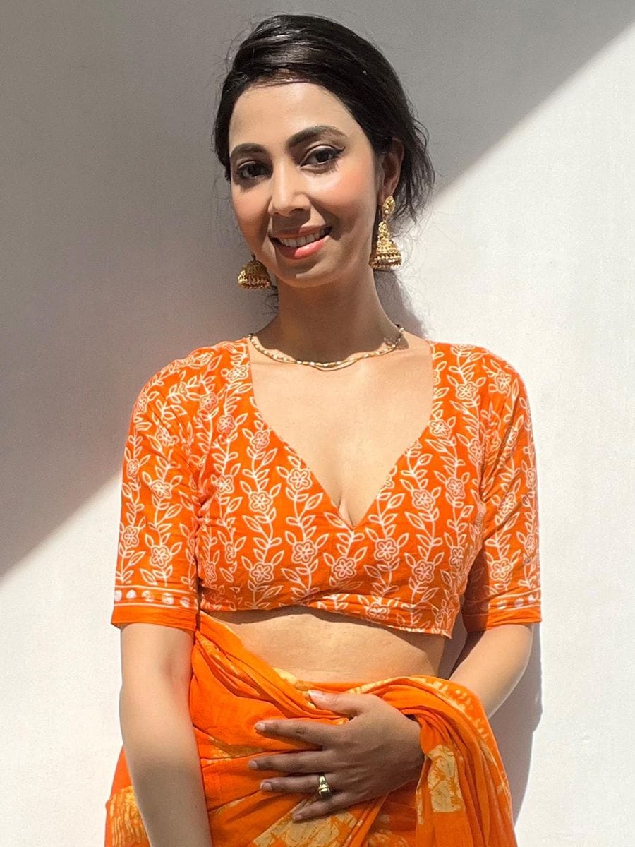 New One Minute Ready To Wear  Pure Soft Mul Cotton Silk Orange Saree With  Pocket Along With Running Unstiched Blouse Piece