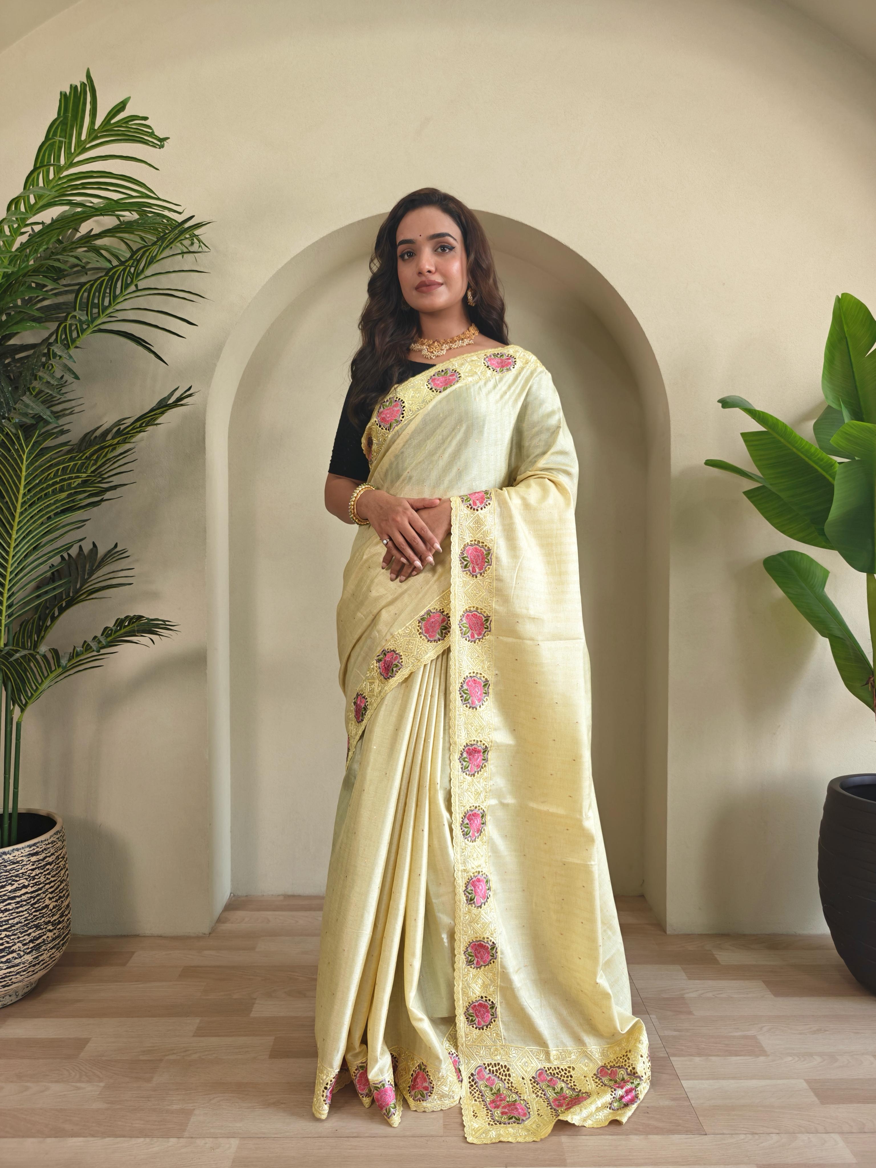 New Designer Soft Tussur Silk Lemon Yellow Saree With Super Fine Embroidered Pattern With Running Unstiched Blouse Piece