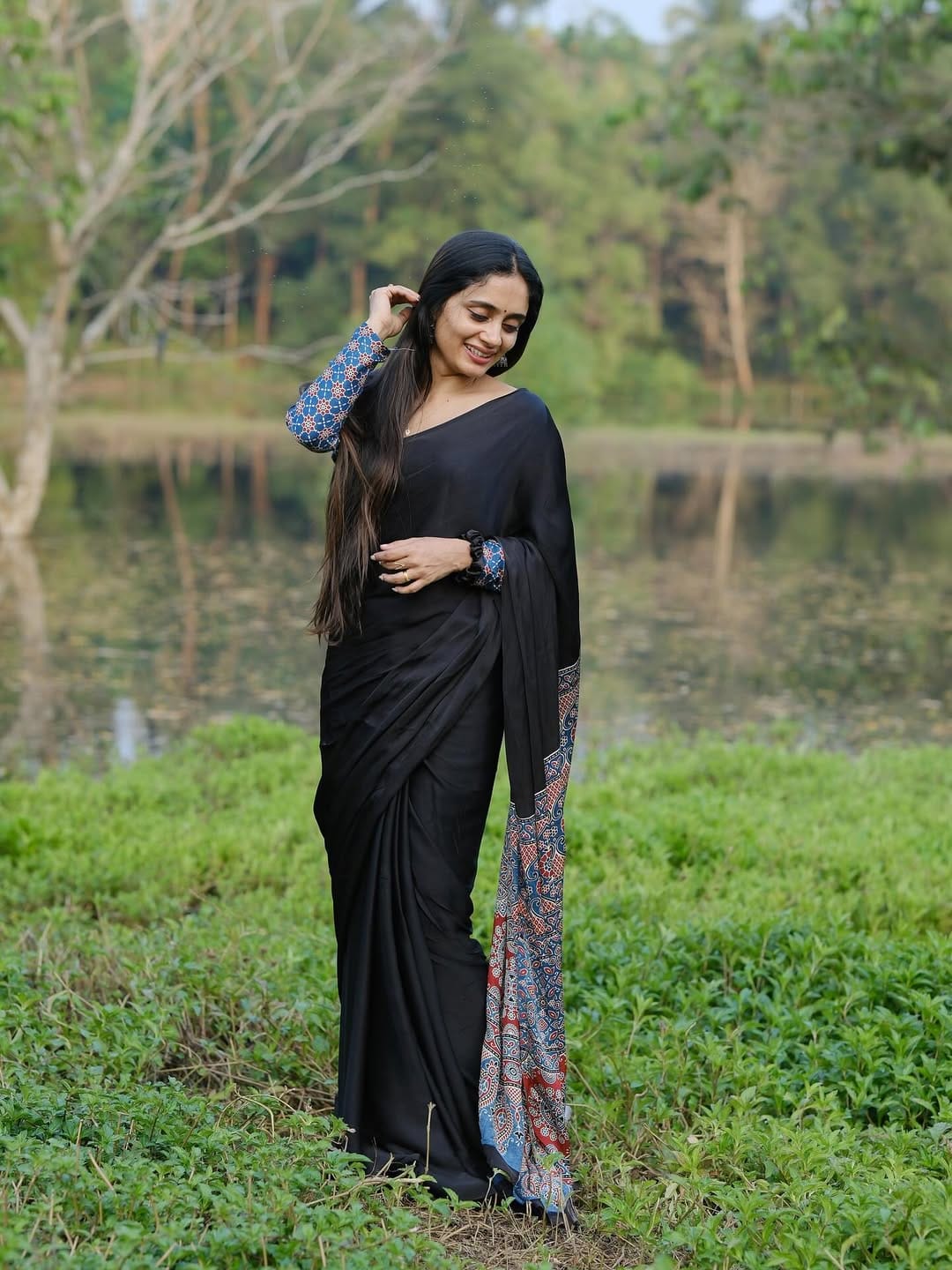 New One Minute Ready To Wear Digital Printed Crape Silk Black Saree