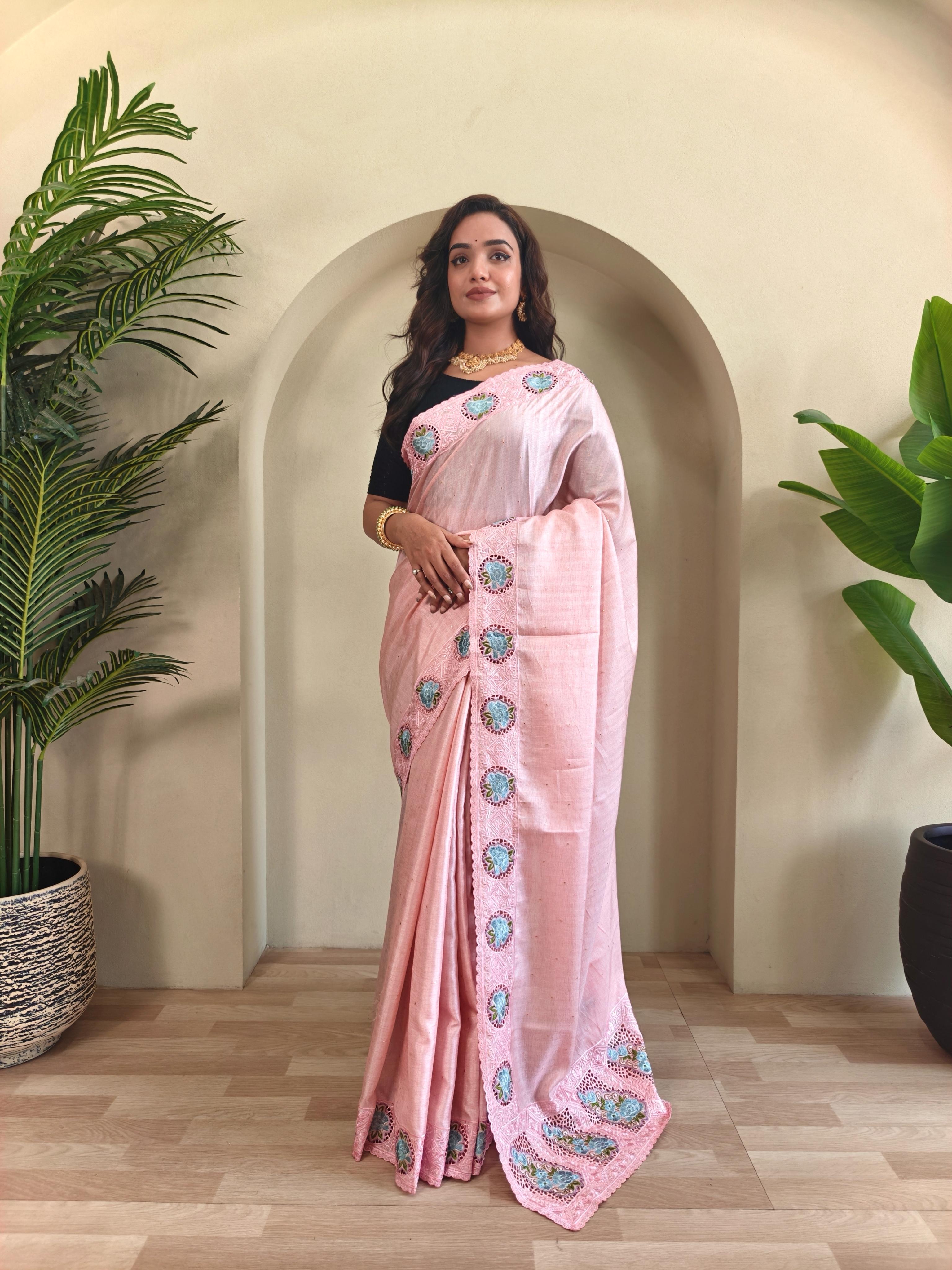 New Designer Soft Tussur Silk Pastel Pink With Super Fine Embroidered Pattern With Running Unstiched Blouse Piece