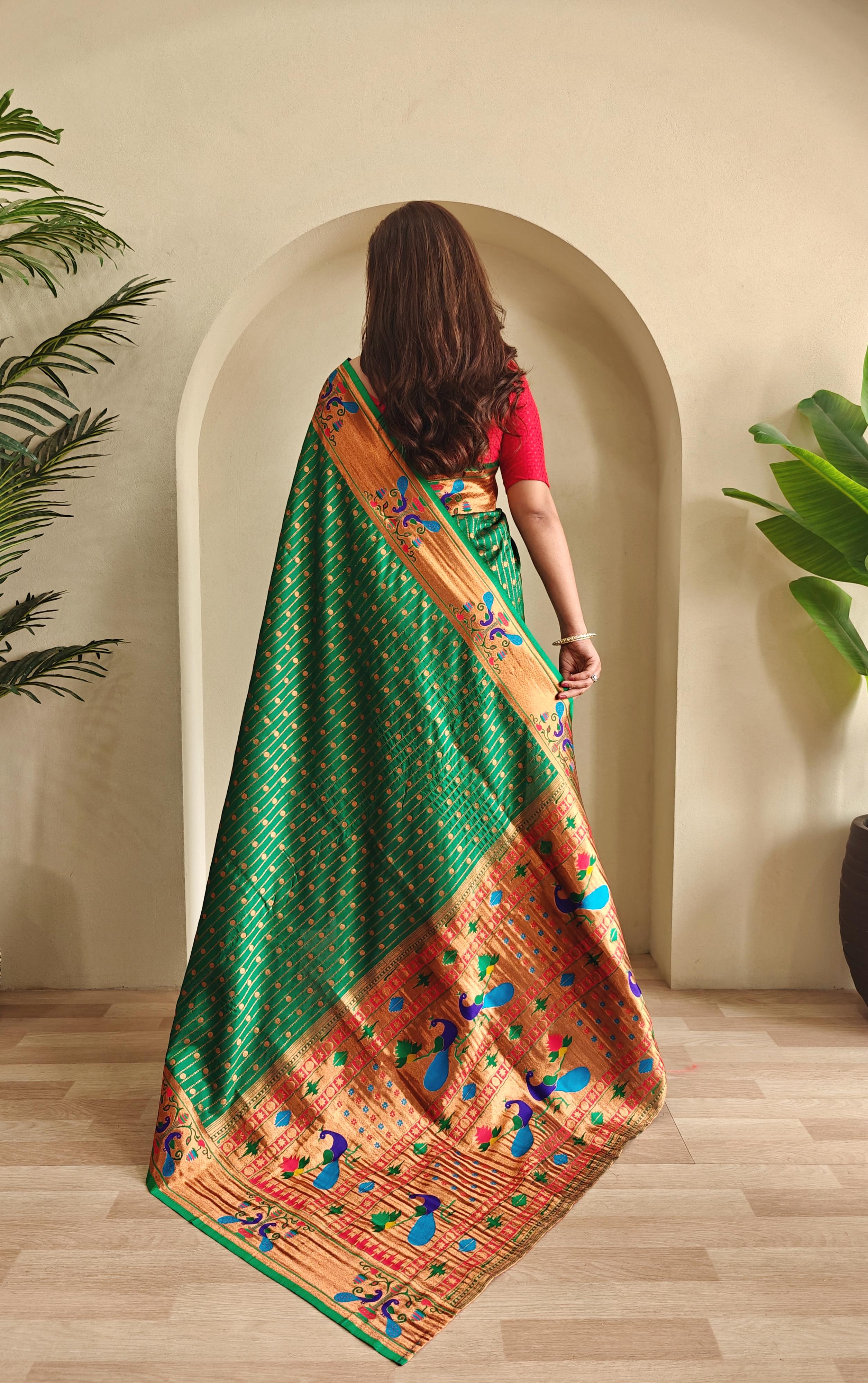 New Designer Premium Paithani Dark Green Saree With Rich Weaved Paithani Pallu Along With All Over Polka Design With Contrast Unstiched Blouse Piece