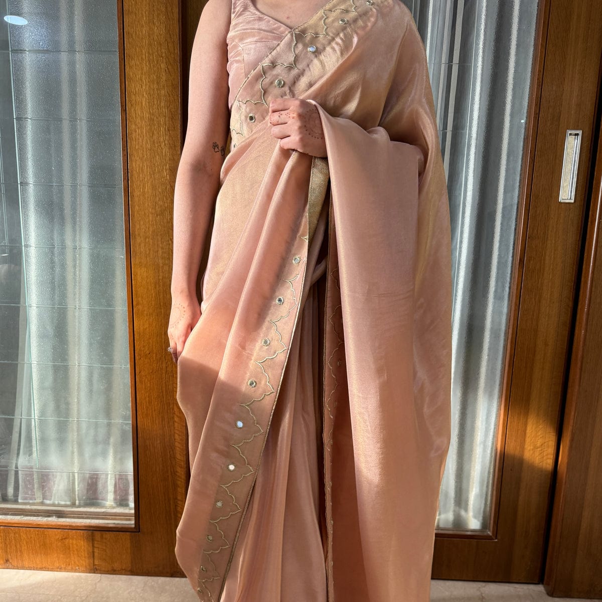 New One Minute Ready To Wear Pure Soft Malai Satin Silk Saree With Beautiful Cutdana And Mirror Hand Work with Same Model Patern Stiched Blouse