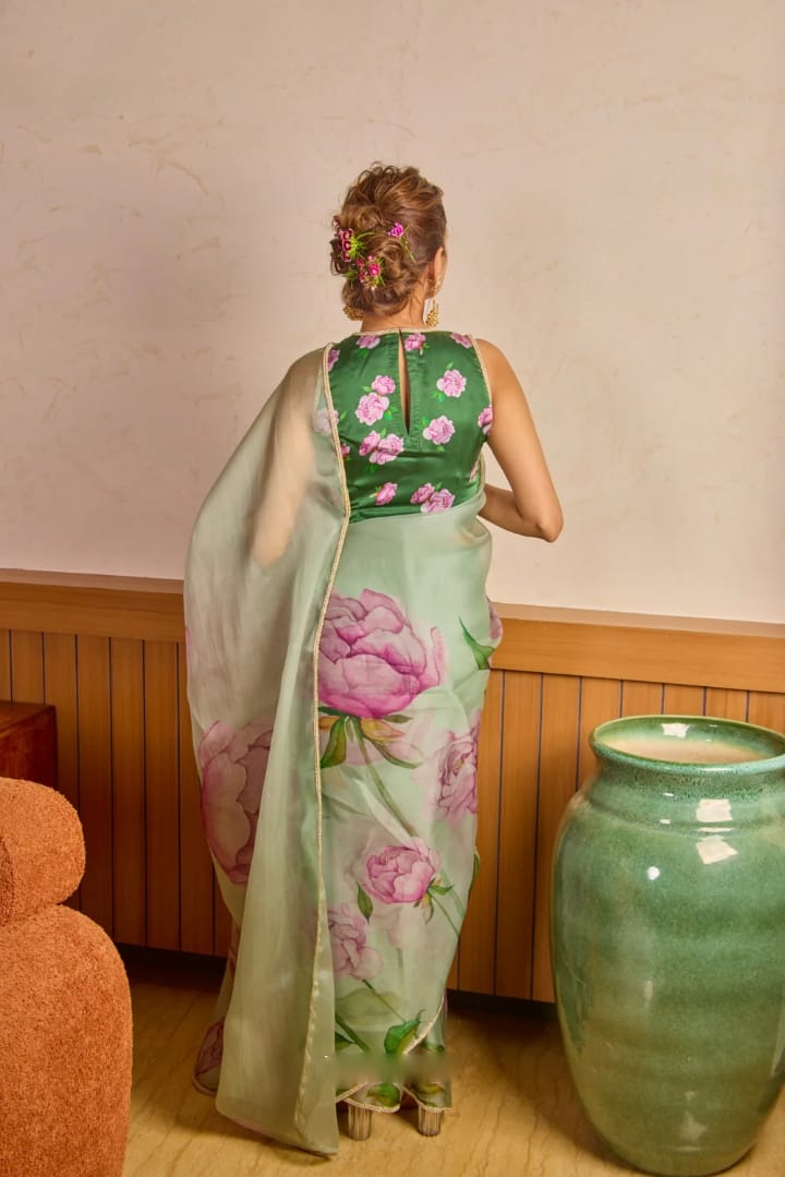 New One Minute Ready To Wear Soft Organza Silk Pastel Green Saree with Beautiful Hand Worked katdana And moti Work With Same Handworked Stiched Blouse