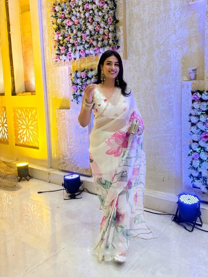 New One Minute Ready To Wear Soft Organza Silk White Saree with Beautiful Hand Worked Moti  And Val Work With Same Handworked Stiched Blouse